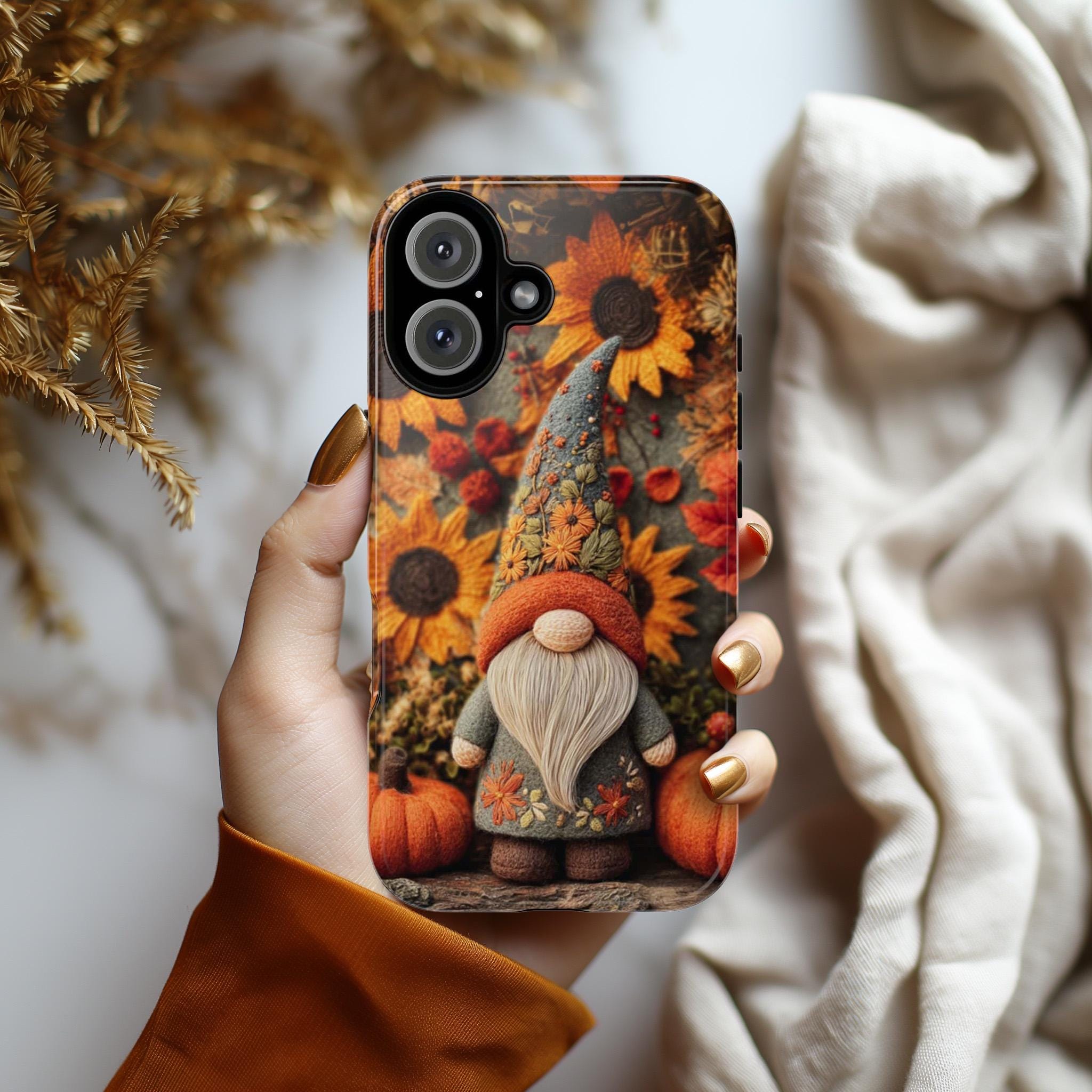Fall Gnome Embroidery Phone Case with Felted Pumpkin | Cozy Autumn  Cute Gnome Cover for iPhone 16 15 Tough or Magsafe, Samsung, 452.16