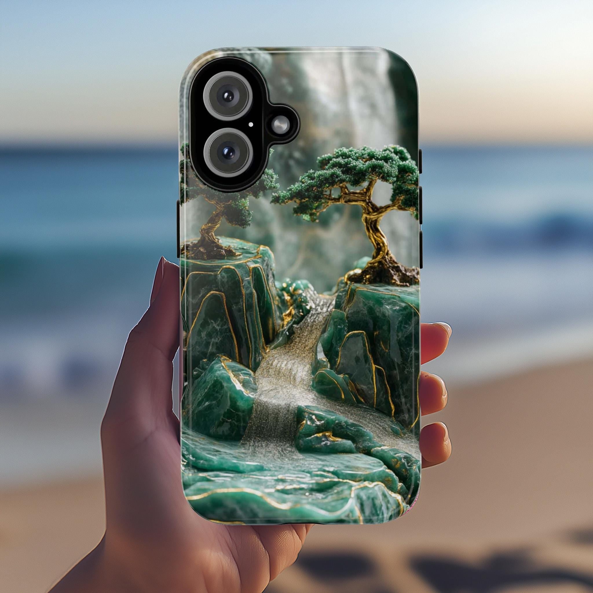 Asian Green Jade Carving Phone Case, Landscape Scenery Art Phone Cover, Aesthetic Phone Cover for iPhone 16 15 Pro Max, Samsung S24, 438.5
