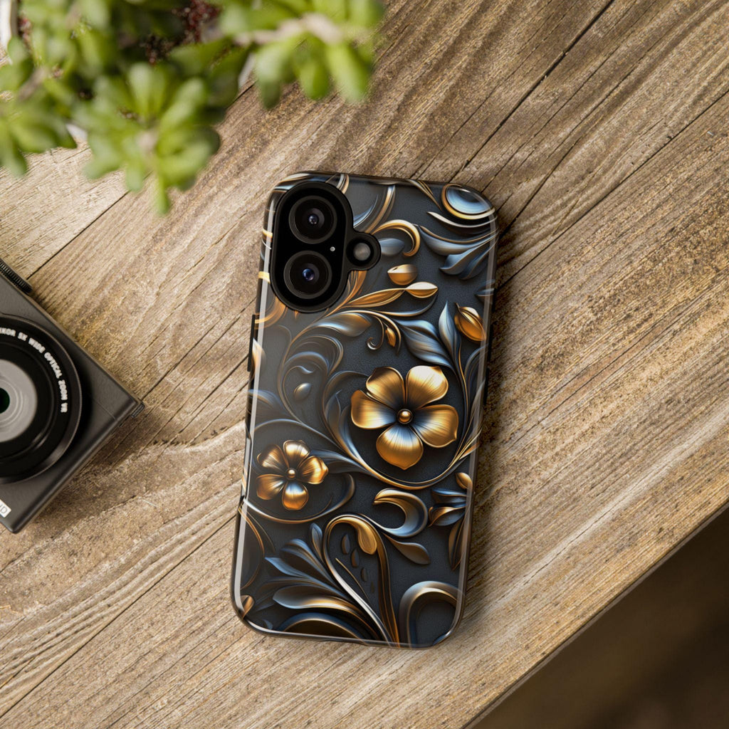 3D Gothic Gold Black Floral Phone Case - Dark Night Flowers Case fit for iPhone 16 Pro Max 15 14 13 12 Plus, Samsung S25 Ultra Plus, 428.1