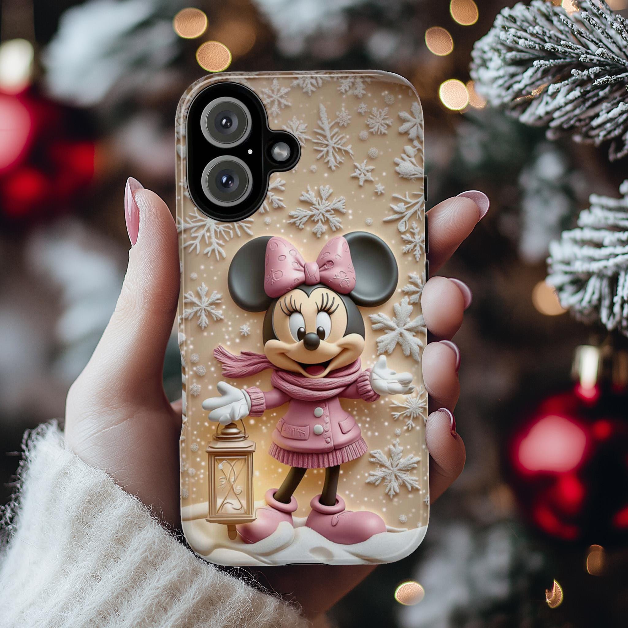 Minnie Mouse 3D effect Phone Case, Cartoon Xmas 3D Design, Minnie Mouse Christmas Phone Case for iPhone 16 15 14 Magsafe, Samsung S25, 442.8
