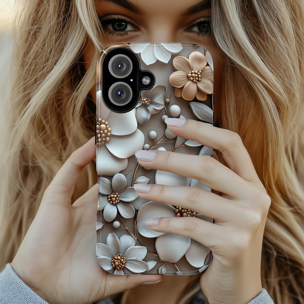 Pastel 3D Floral Art Phone Case, Beige Bloom 3D Design, Floral Garden Case for iPhone 16 15 14 13 Pro Max Plus Magsafe, Samsung S24, 439.4
