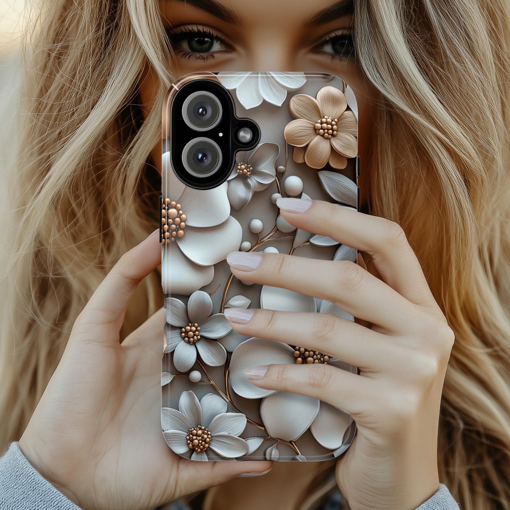 Pastel 3D Floral Art Phone Case, Beige Bloom 3D Design, Floral Garden Case for iPhone 16 15 14 13 Pro Max Plus Magsafe, Samsung S24, 439.4