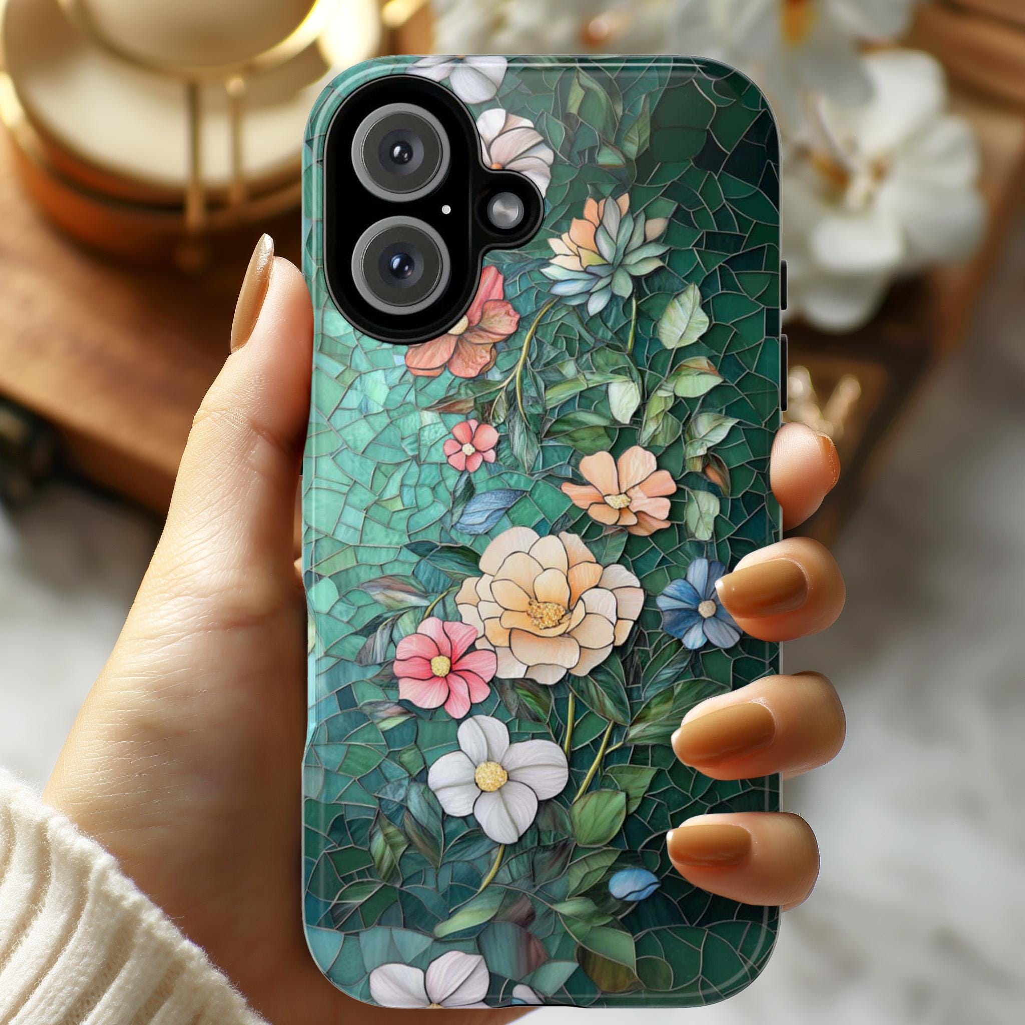 Elegant Vintage Mosaic Flowers Phone Case, Plant Lover Gift, Stained Glass Floral Case for iPhone 16 15 14 13 Magsafe, Samsung S25, 418.29