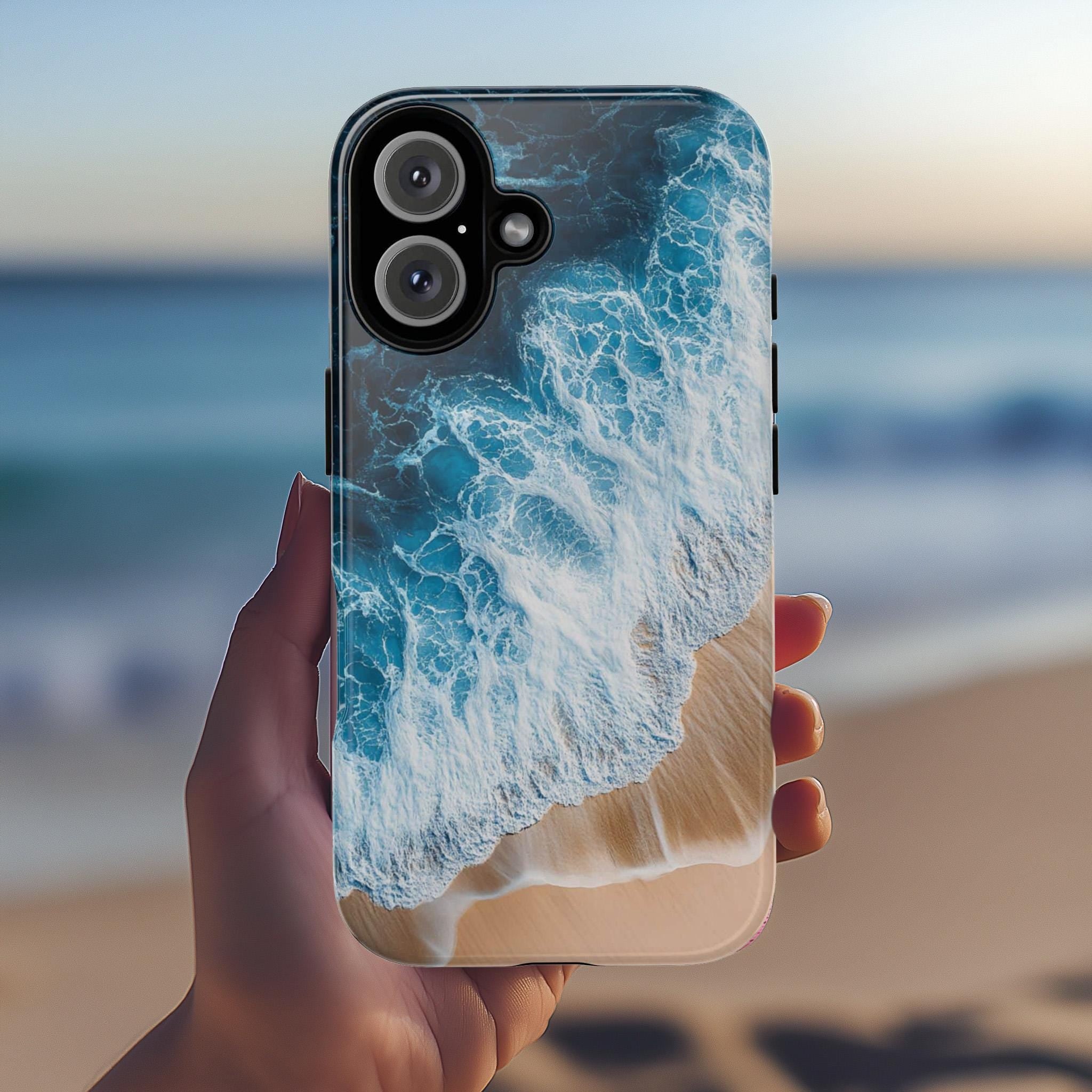 Ocean Wave & Beach Phone Case, Sea Foam and Sand Design, 3D Coastal Art Phone Case for iPhone 16 15 14 Magsafe, Samsung S25, 466.7