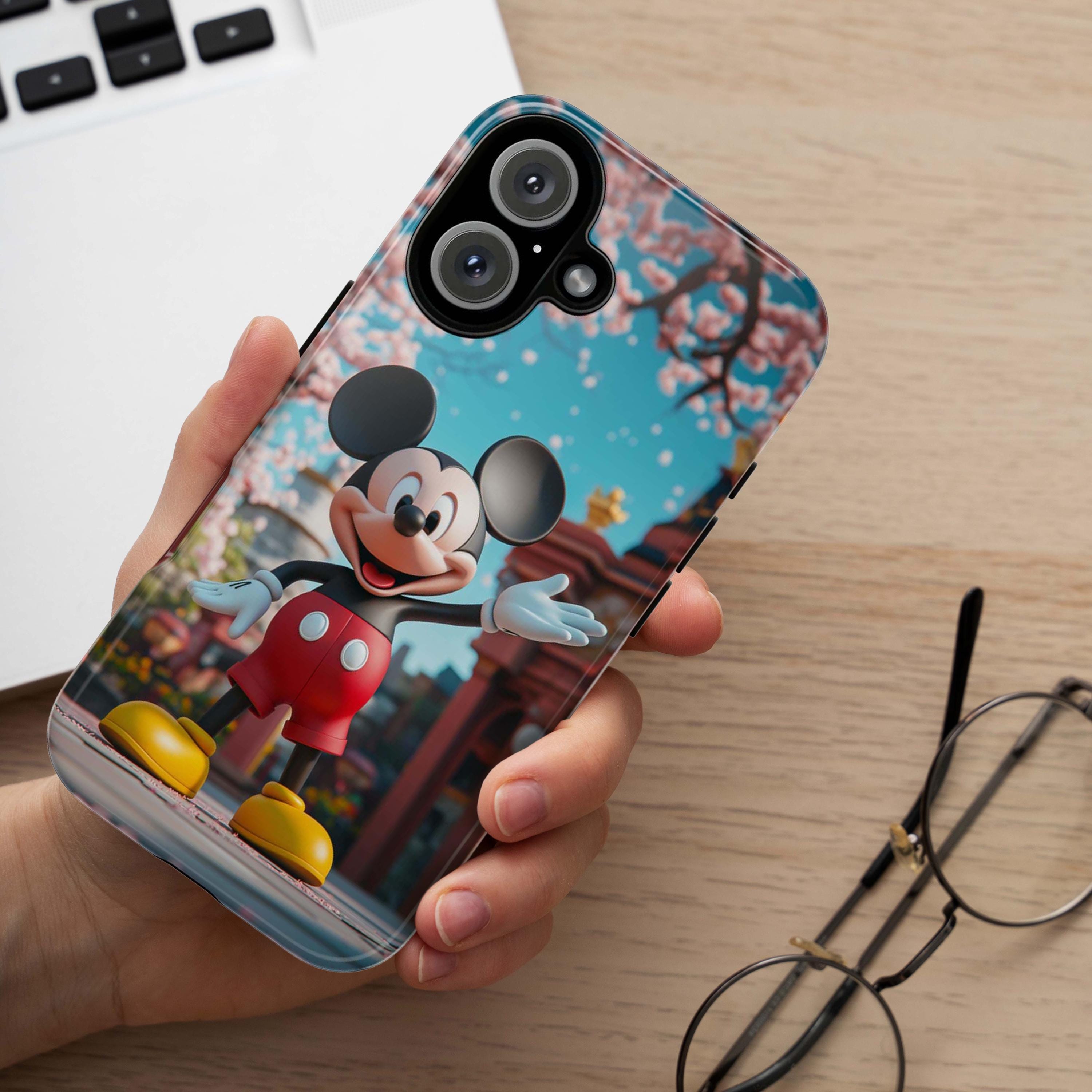 Japanese Cherry Blossom Mickey Mouse Phone Case, 3D Tokyo Disneyland Phone Cover for iPhone 16, 15, 14, 13 Magsafe & Samsung, Pixel, 442.44