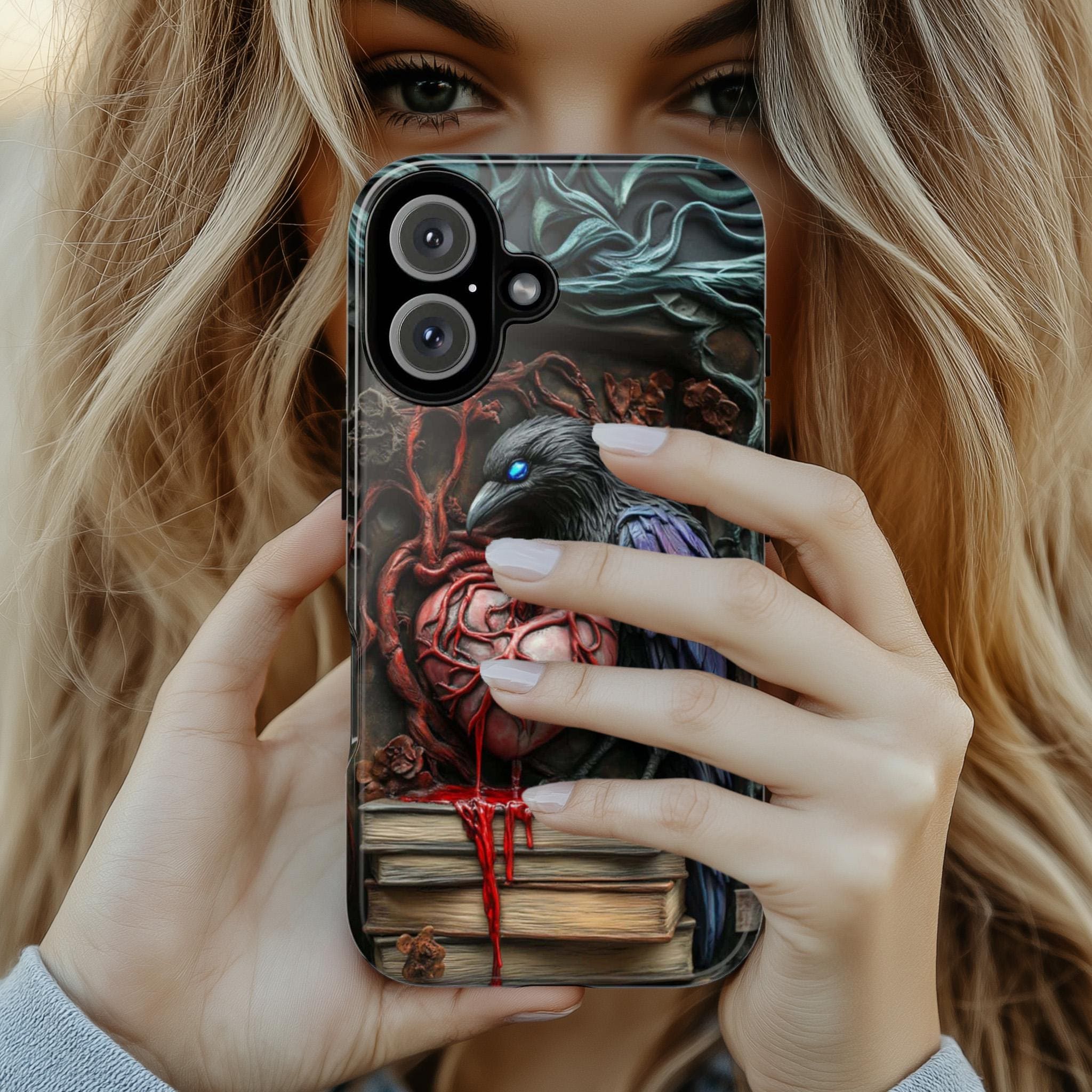 3D Raven, Books and Heart Dark Gothic Phone Case, Dark Academia Mystical Cat Phone Cover for iPhone 16, 15, 14, Samsung Galaxy, 423.7