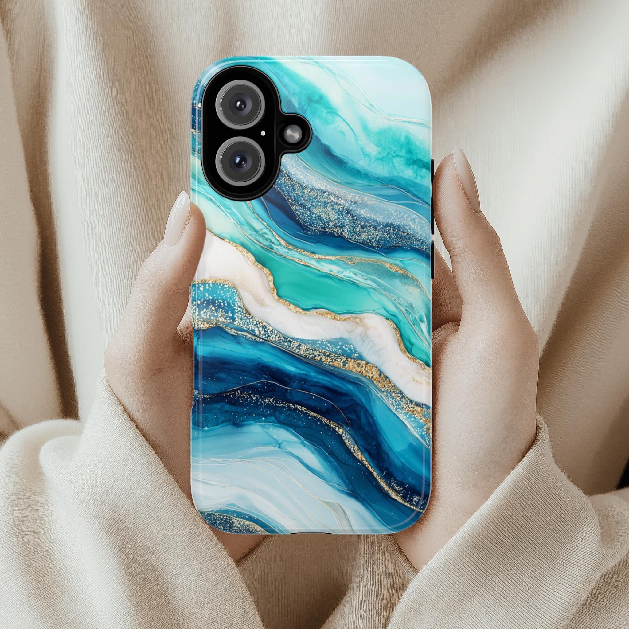 Turquoise White Agate Phone Case with Cracked Stone Texture | Elegant Gemstone Cover for iPhone 16 15 Tough or Magsafe, Samsung, 479.4
