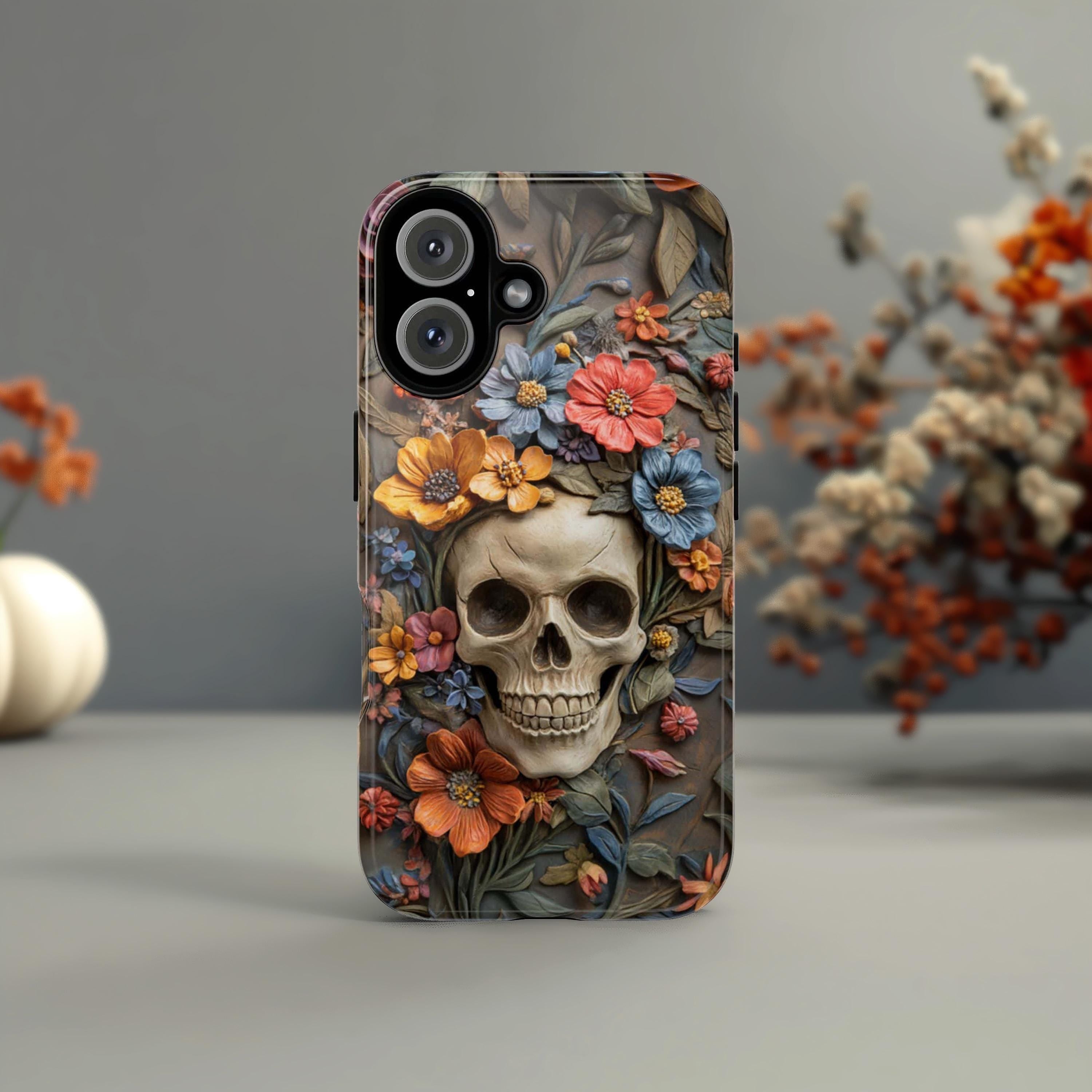 3D Dia de los Muertos Flora Skull Phone Case, Anatomical Gothic Botanical Phone, Halloween-Inspired Cover for iPhone & Samsung, 435.4