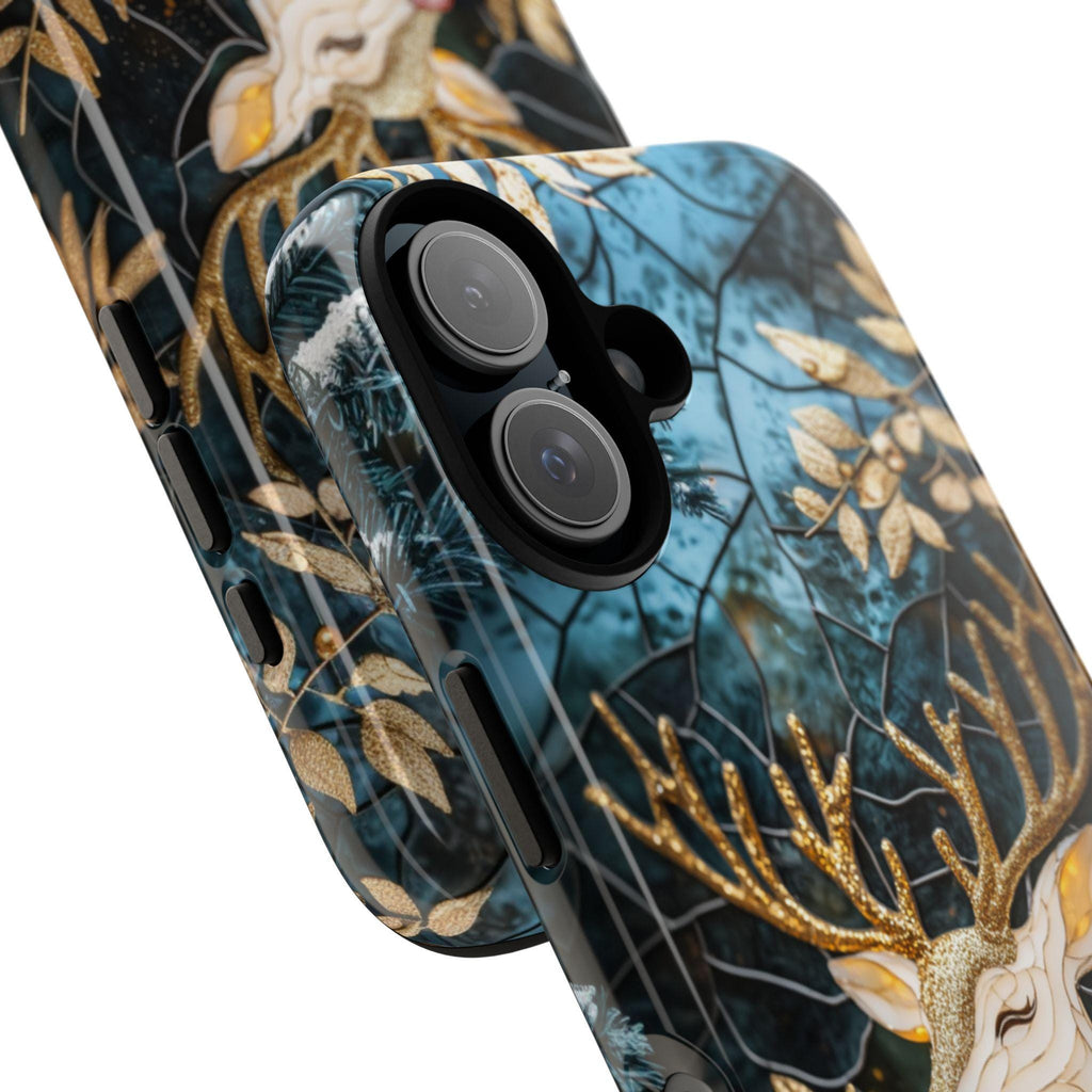 Cozy Stained Glass Reindeer Christmas Phone Case, Gold Silver Xmas MagSafe for iPhone 16 15 14 13 Pro Max Plus, Samsung S24 Ultra, 420.13