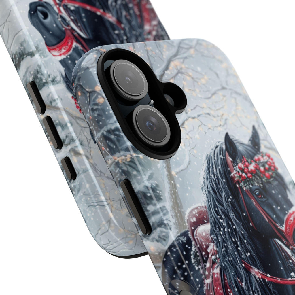 Black Horse Red Harness & Winter Forest Phone Case, Festive Christmas Cover for Horse Lovers iPhone 16 15 14 13 Magsafe, Samsung S24, 440.6