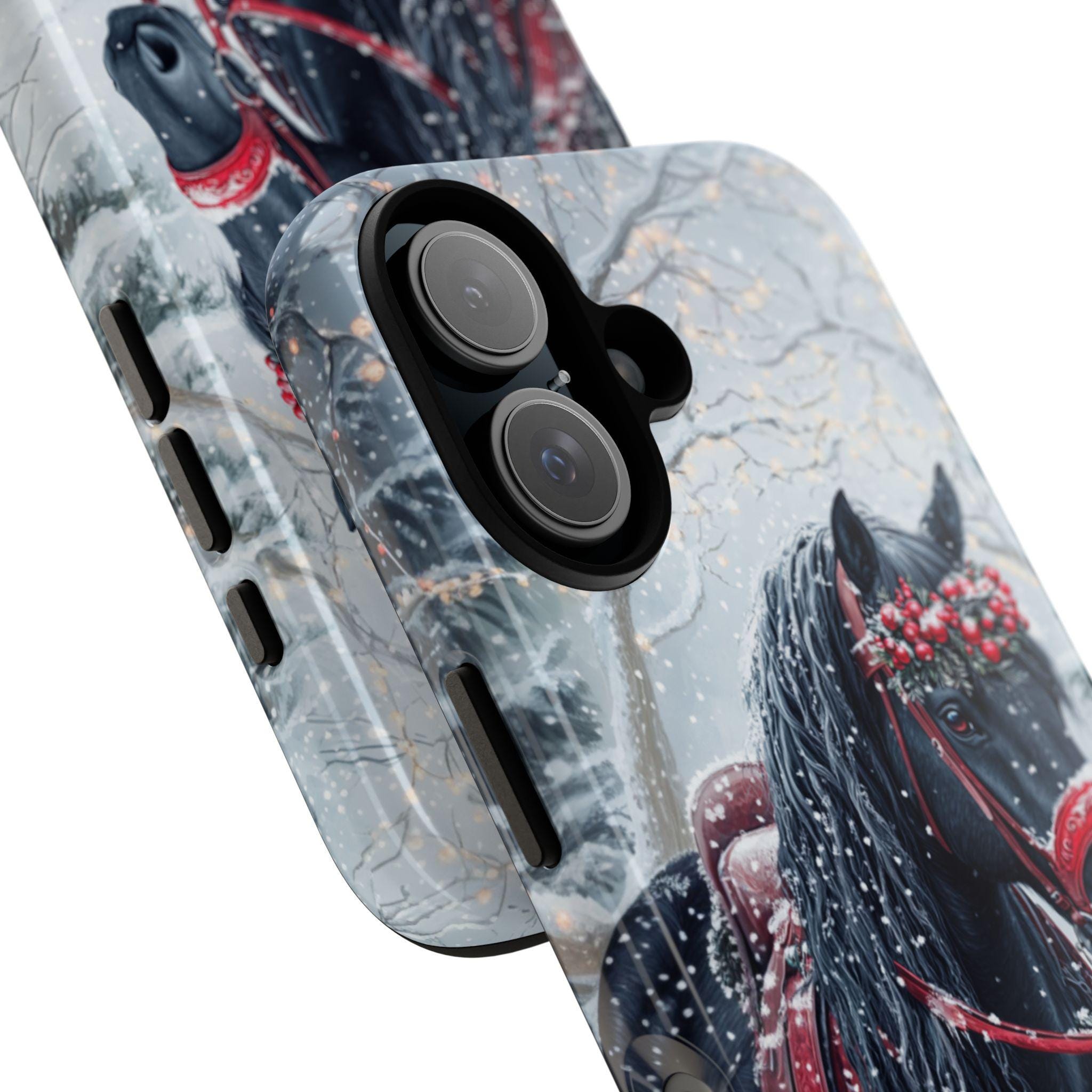 Black Horse Red Harness & Winter Forest Phone Case, Festive Christmas Cover for Horse Lovers iPhone 16 15 14 13 Magsafe, Samsung S24, 440.6