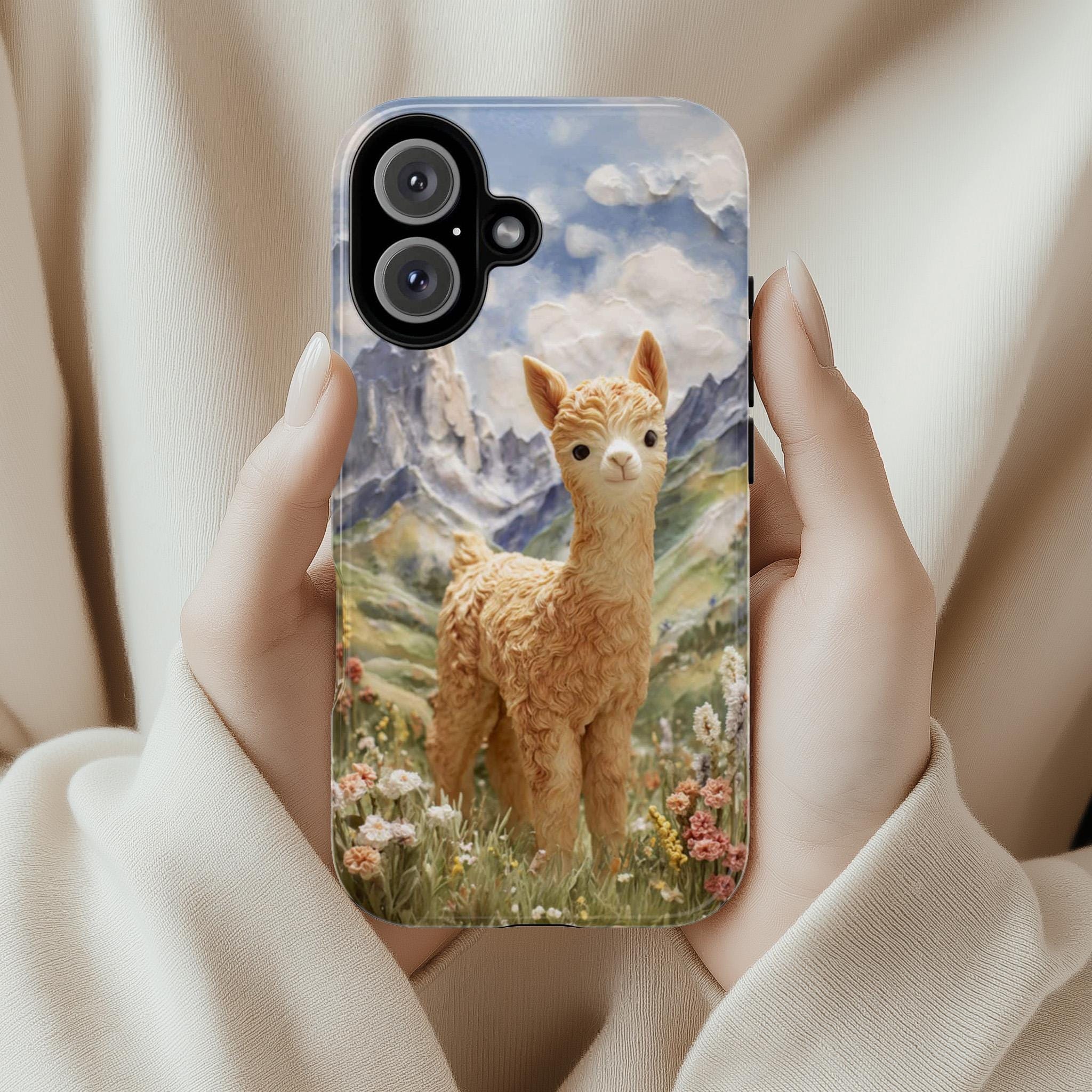Cute Baby Alpaca Phone Case, Alpaca Lover, Mountain Flowers Scenic Nature Art Cover for iPhone 17 16 15 Tough or Magsafe, Samsung, 440.12
