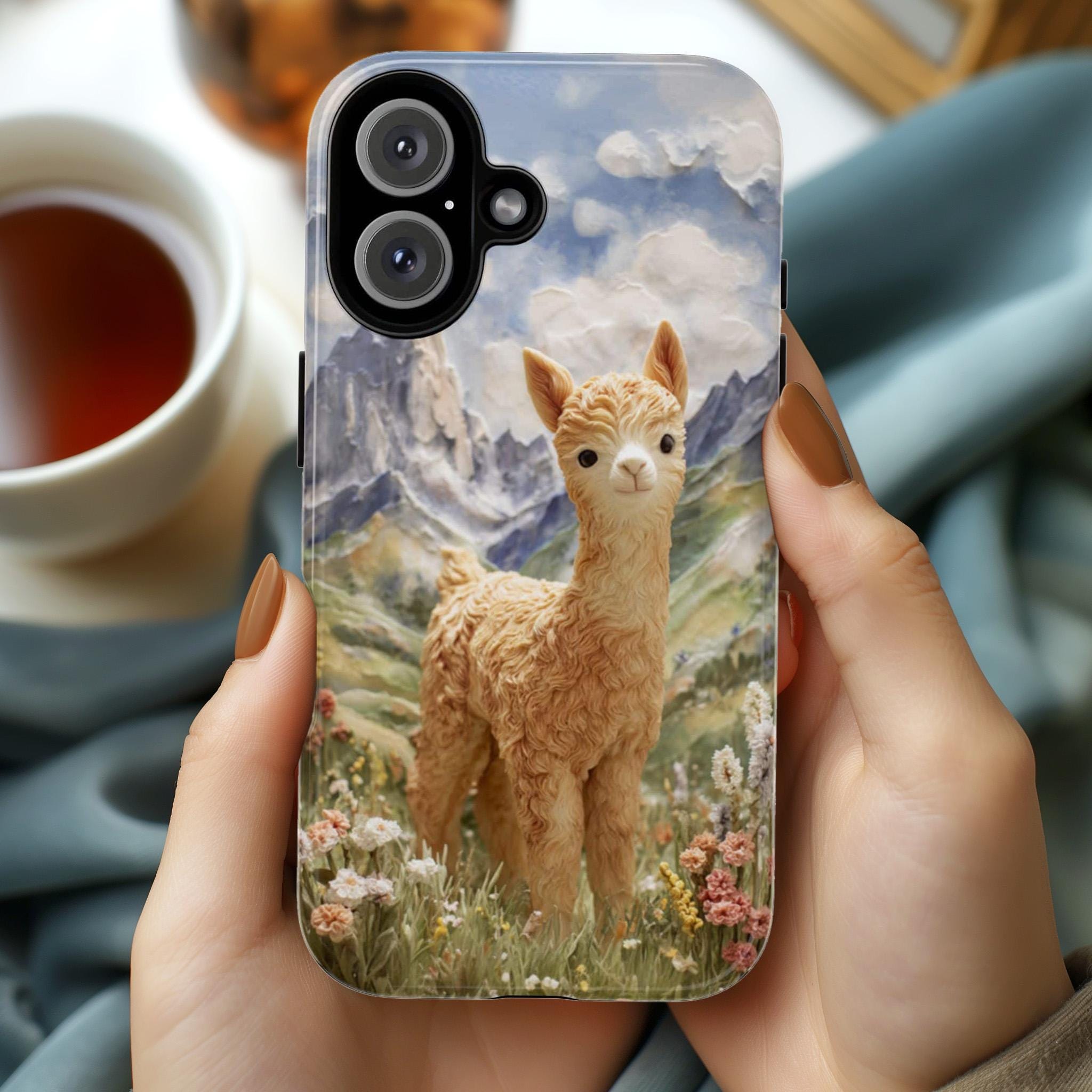 Cute Baby Alpaca Phone Case, Alpaca Lover, Mountain Flowers Scenic Nature Art Cover for iPhone 17 16 15 Tough or Magsafe, Samsung, 440.12