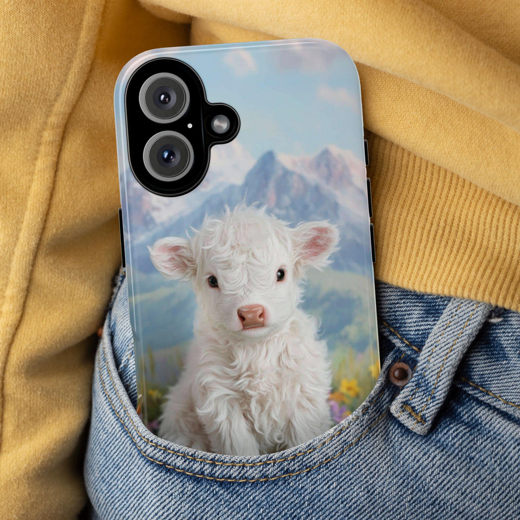 Cute Highland Calf Phone Case, Spring Meadow Floral Design with Mountain & Lake View Phone Cover for iPhone Tough or Magsafe, Samsung, 473.5