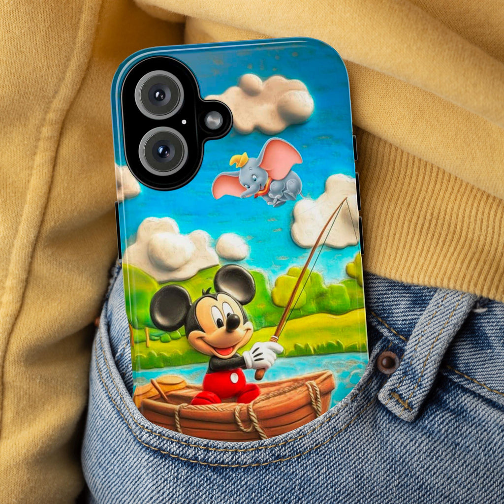 Mickey Mouse & Dumbo Fishing Phone Case, Cute Disney Cartoon Boat Scene Phone Cover for iPhone 16, 15, 14 Tough or Magsafe, Samsung, 442.49