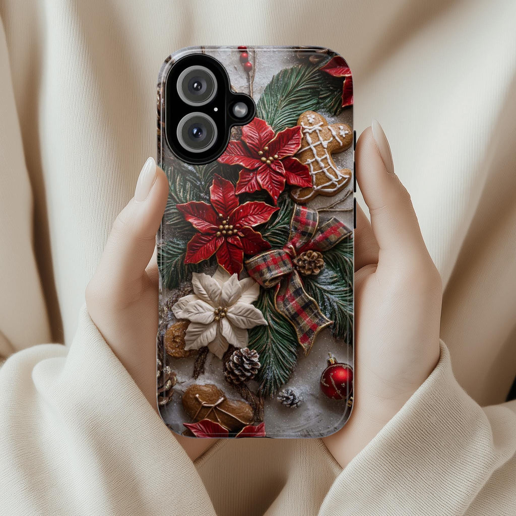 Xmas 3D Poinsettia Floral Phone Case, Holiday Red Green Brown light glitter effect for iPhone 16 15 14 13 Magsafe Plus, Samsung S24, 437.3