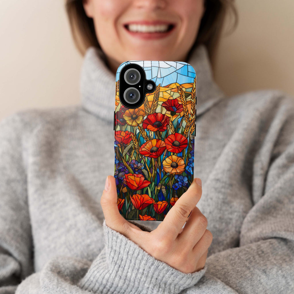 Stained Glass Poppies, CornFlowers Phone Case, Golden Wheat Field Phone Cover for iPhone 16 15 14 13 Pro Magsafe Samsung Galaxy S24, 418.21