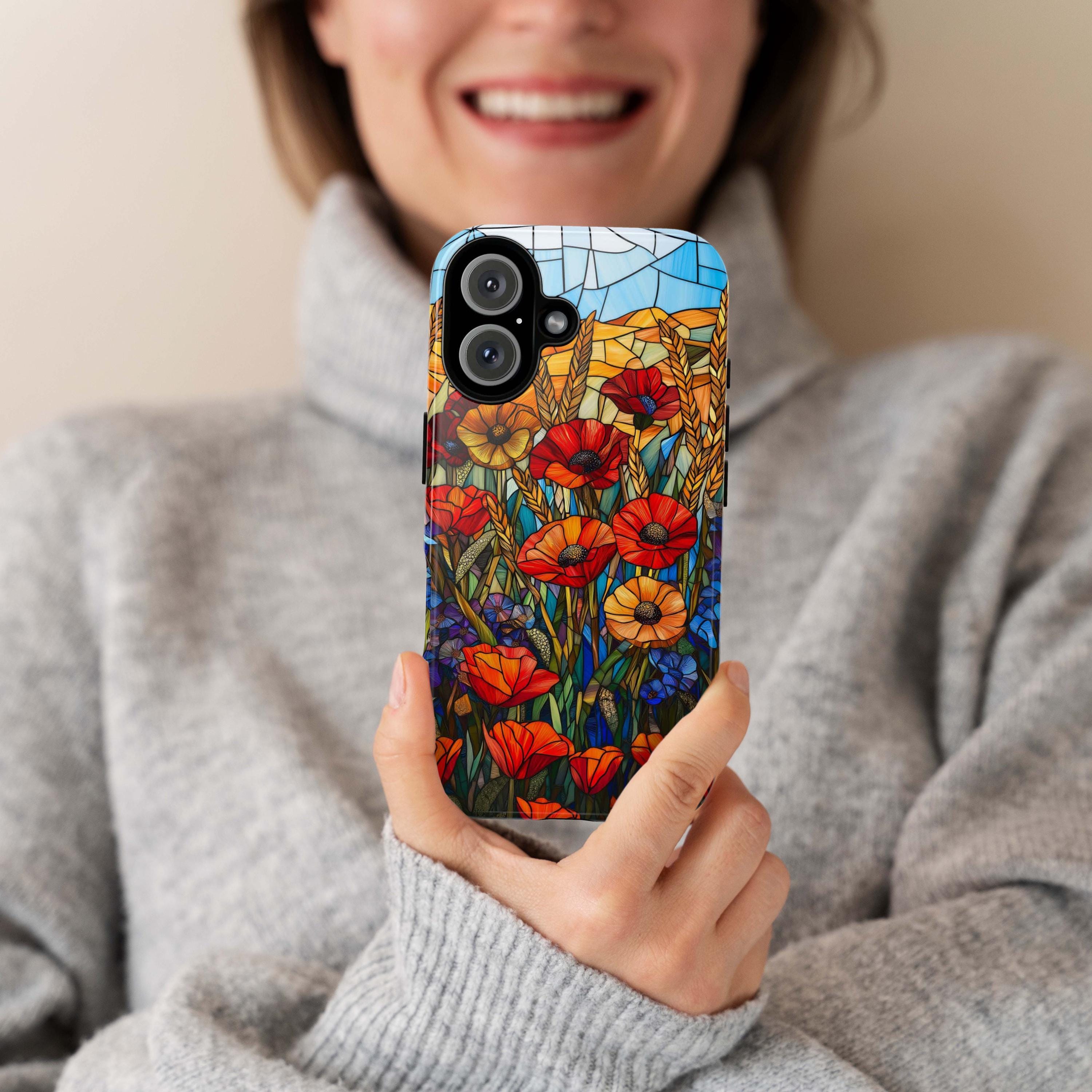 Stained Glass Poppies, CornFlowers Phone Case, Golden Wheat Field Phone Cover for iPhone 16 15 14 13 Pro Magsafe Samsung Galaxy S24, 418.21