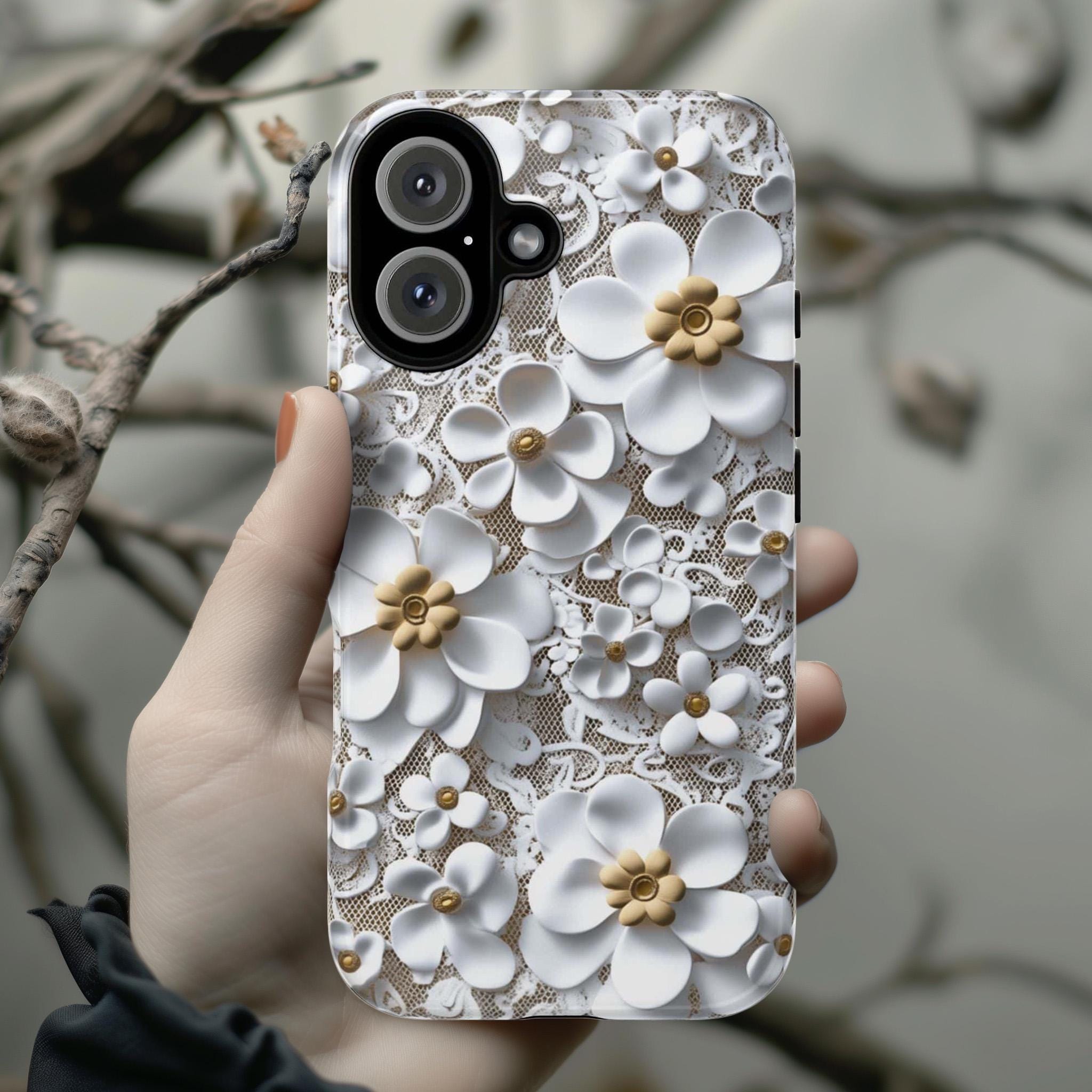 3D Effect Floral Lace Phone Case, Elegant Wedding Cover for Bride or Bridesmaid, Bridal Party Gift iPhone Tough or Magsafe, Samsung, 439.78