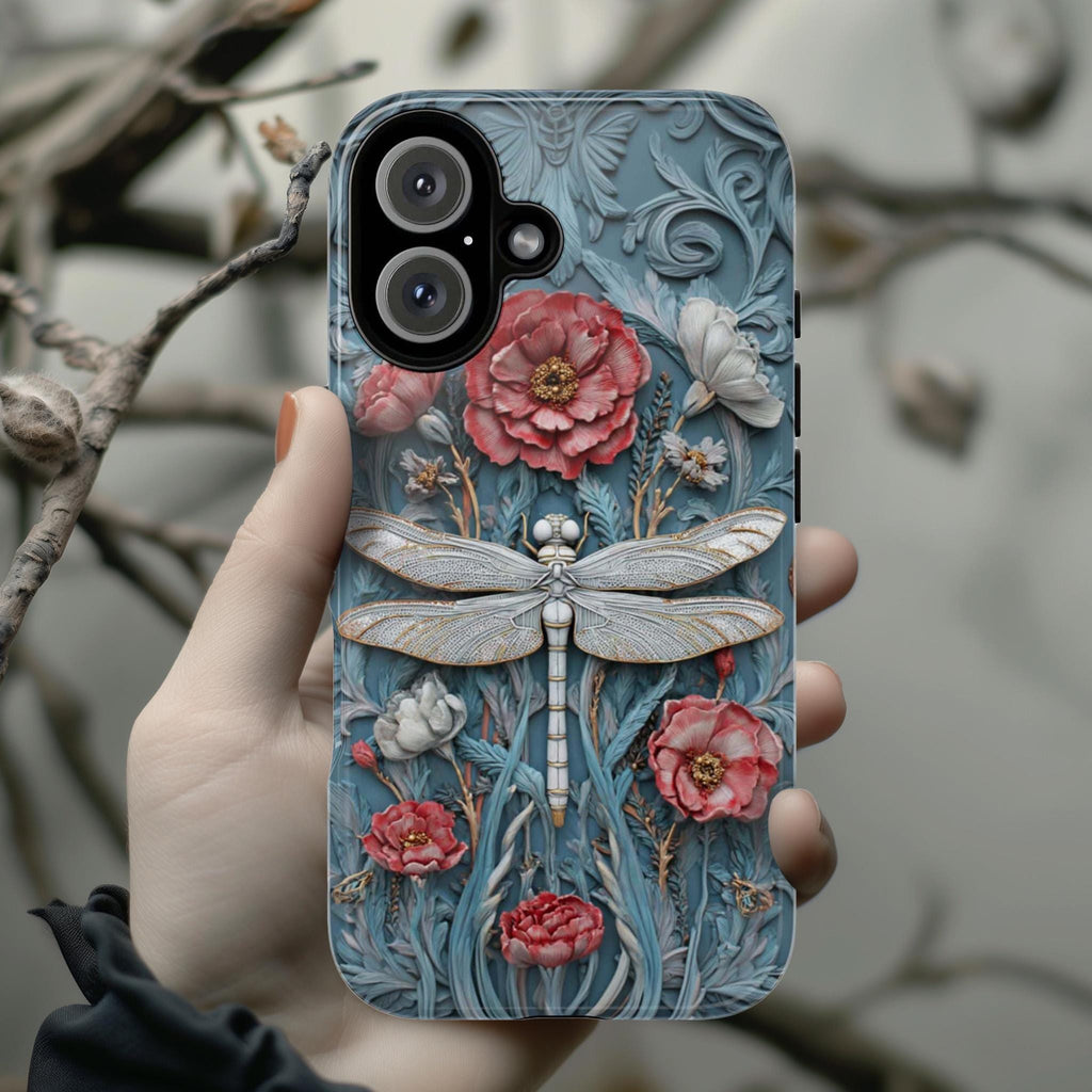 Mystical 3D Dragonfly Phone Case with Floral Design, Whimsical Boho Aesthetic Phone Cover for iPhone Magsafe or Tough Case, Samsung 476.24