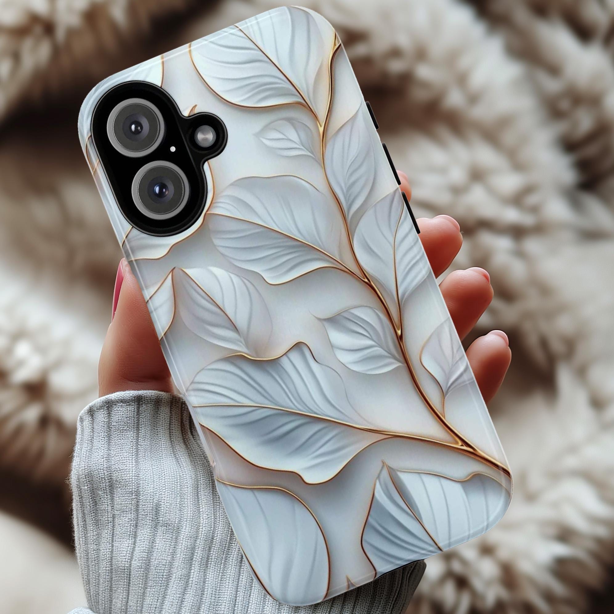 White and Gold Leaves Phone Case, Plant Lover Gift, 3D White Leaf Elegant Case for iPhone 16 15 14 13 Magsafe Pro Max, Samsung S25, 418.28