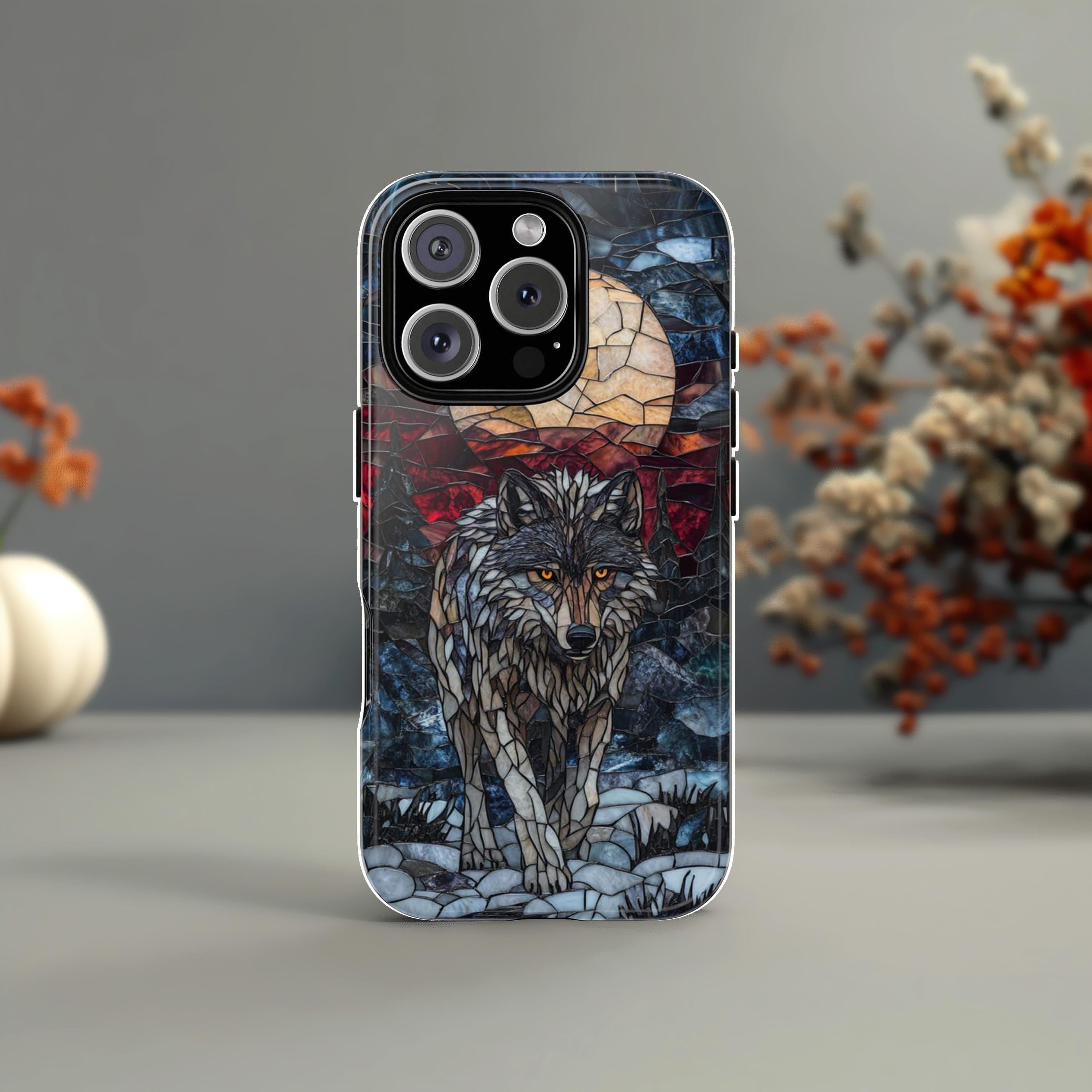 Stained Glass Fantasy Wolf Phone Case, Dark Gothic Phone Cover for iPhone 16 15 14 13 Tough or Magsafe Samsung Galaxy S24, 421.10