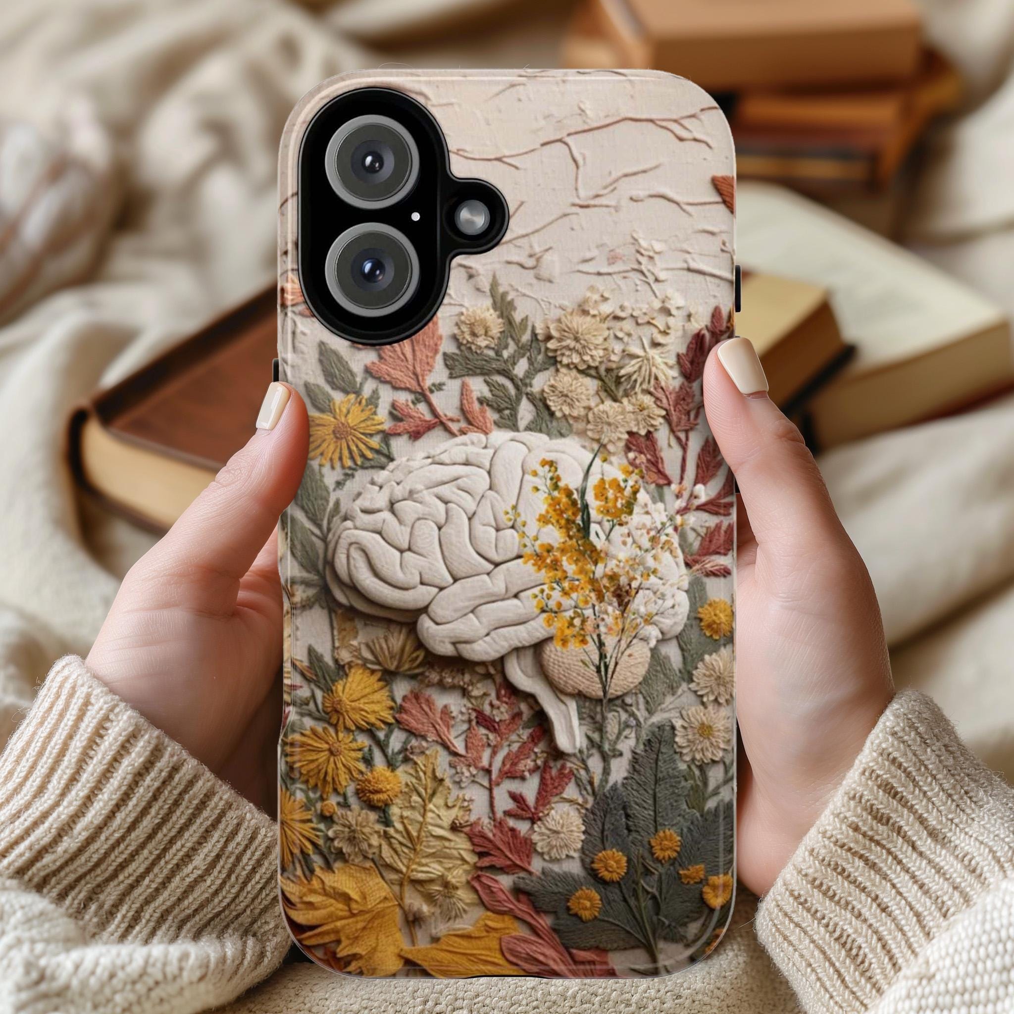Fantasy Brain Floral Phone Case, Anatomical Brain & Autumn Flowers, Anatomy Art for iPhone 17 16 Tough or Magsafe, Samsung, 430.8