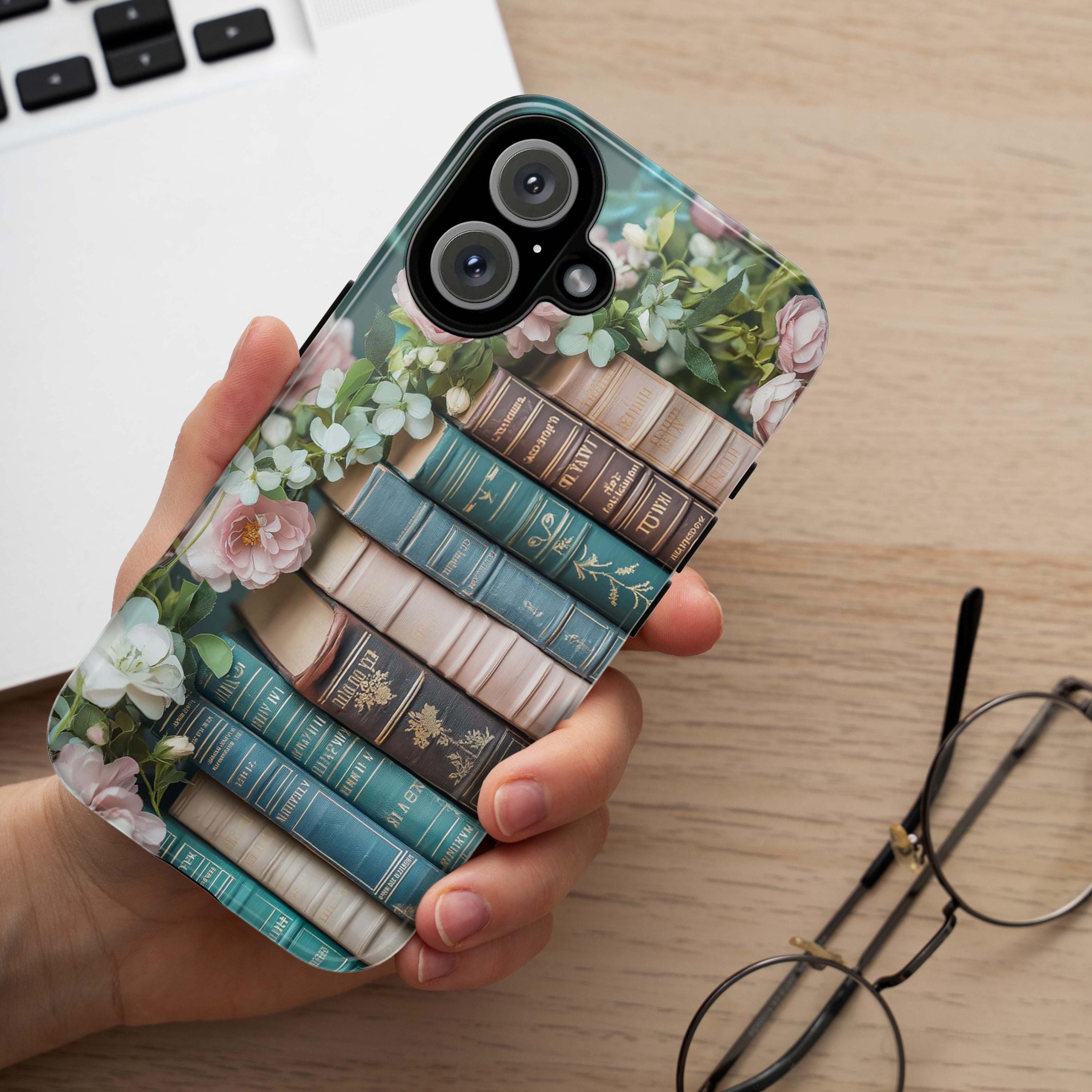 3D Books and Floral Phone Case, Pastel Literary Art Phone Case, Bookworms Gift Phone Cover for iPhone Magsafe, Samsung, 423.15