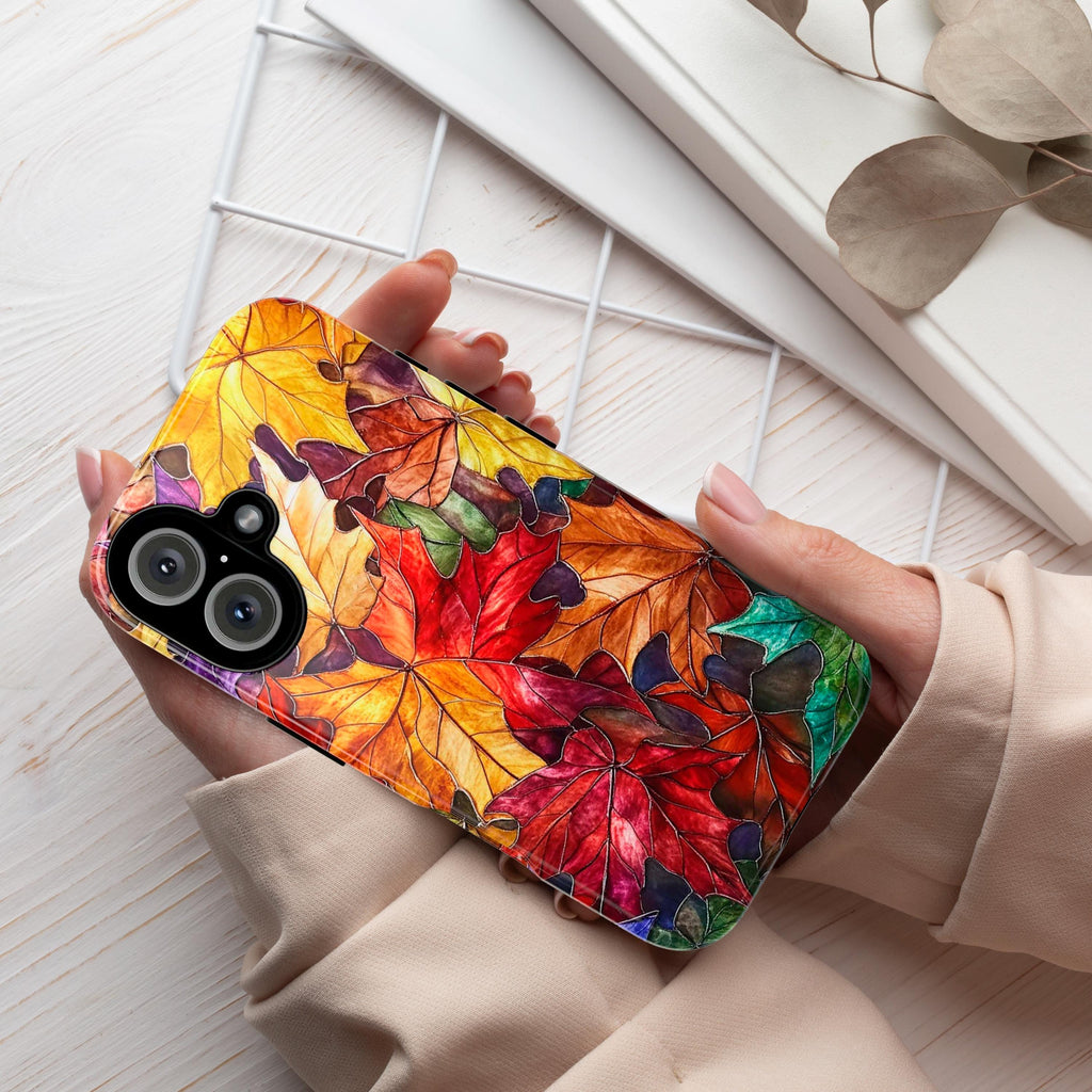 Colorful Fall Leaves Stained Glass Phone Case | Vibrant Autumn Design for iPhone 16 Pro Max 15 14 13 12 Plus Mag Safe, Samsung S25, 416.5