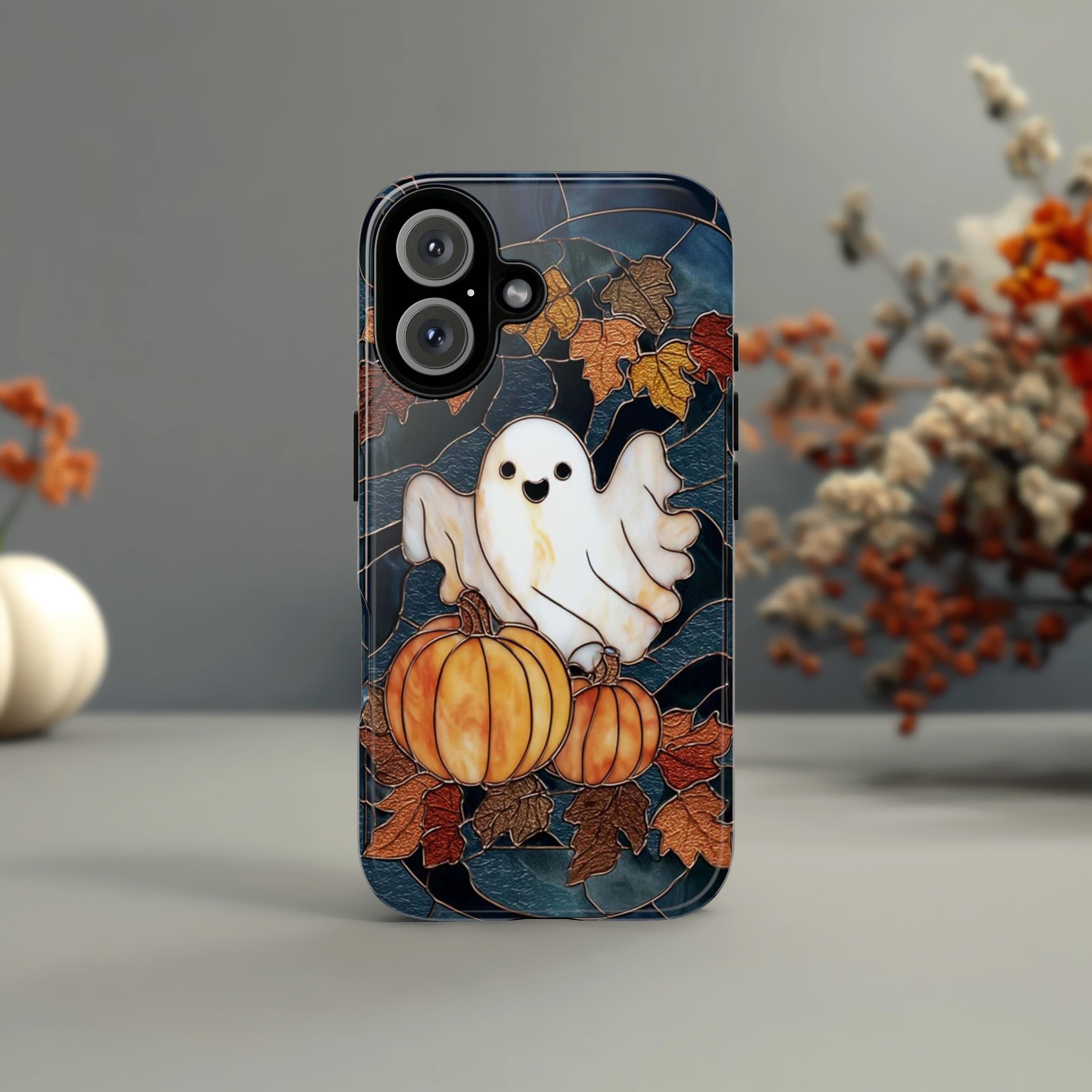 Spooky Fall Ghost & Pumpkin Phone Case | Cute Halloween Design Stained Glass Effect Cover for iPhone 16 15 Tough or Magsafe, Samsung, 475.25