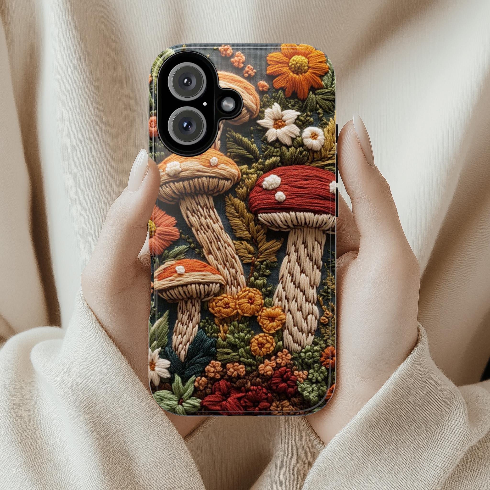 Embroidered Autumn Mushrooms Phone Case, Fall Forest MagSafe for iPhone 16 15 14 13 12 Pro Max Plus, Samsung S24 Ultra, Pixel 8, 453.4