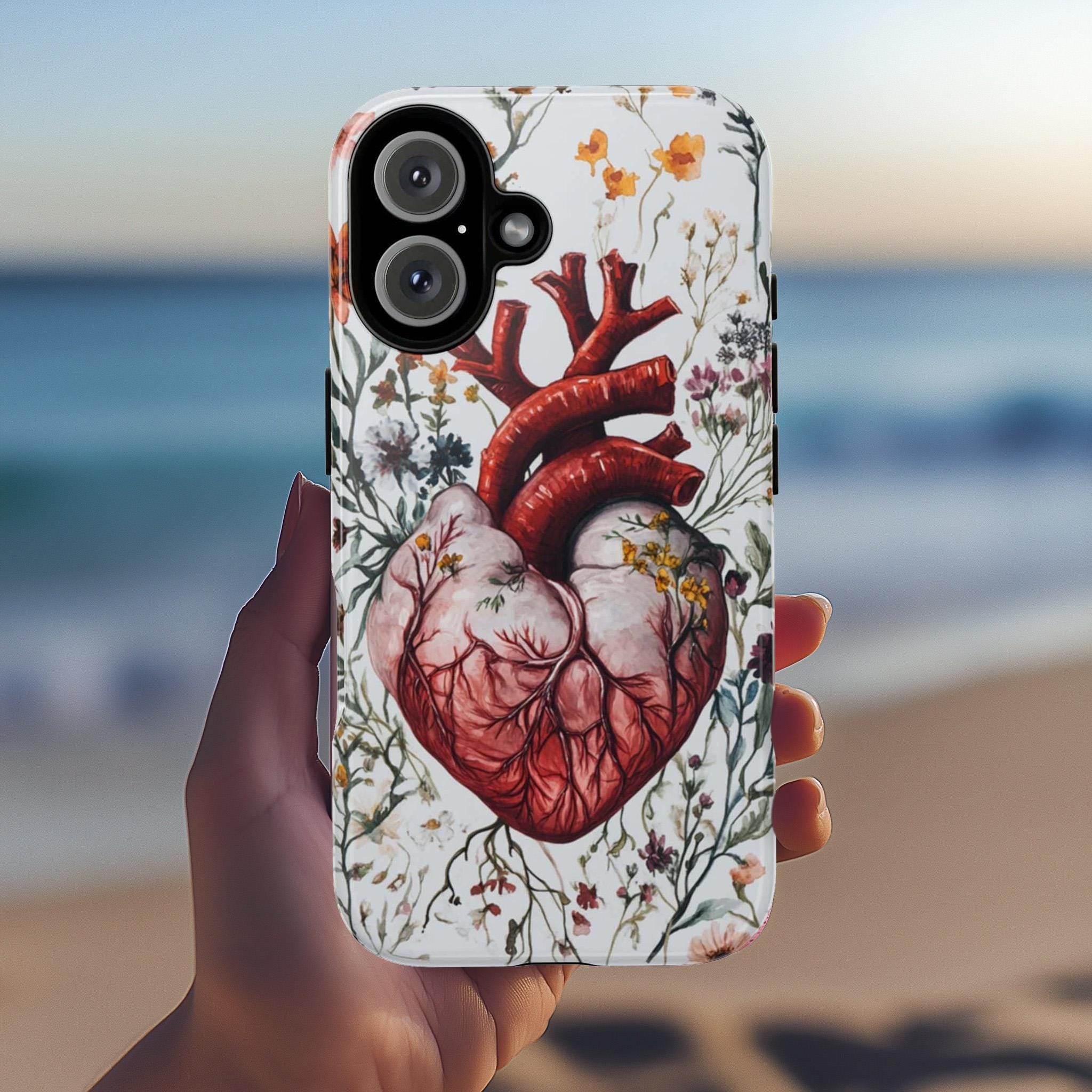 Floral Anatomy Heart Phone Case, Anatomical Art Design, Floral Human Heart Phone Cover for iPhone 16 15 Pro Max Plus, Samsung S24, 435.11