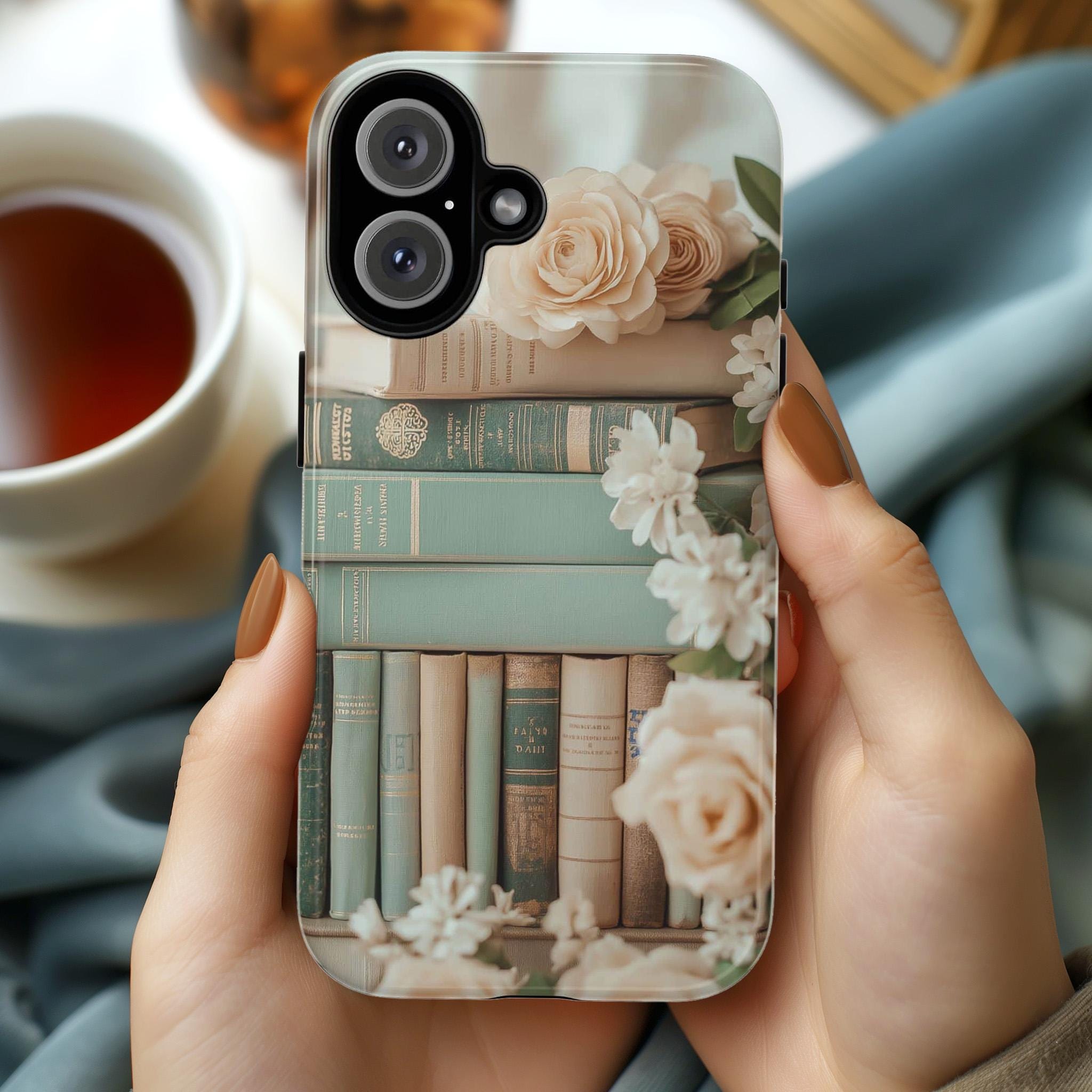 Vintage Bookshelf Floral Phone Case, 3D Rose and Pastel Books Design for iPhone Magsafe 16, 15, 14, 13 & Samsung, Pixel 9, 423.14