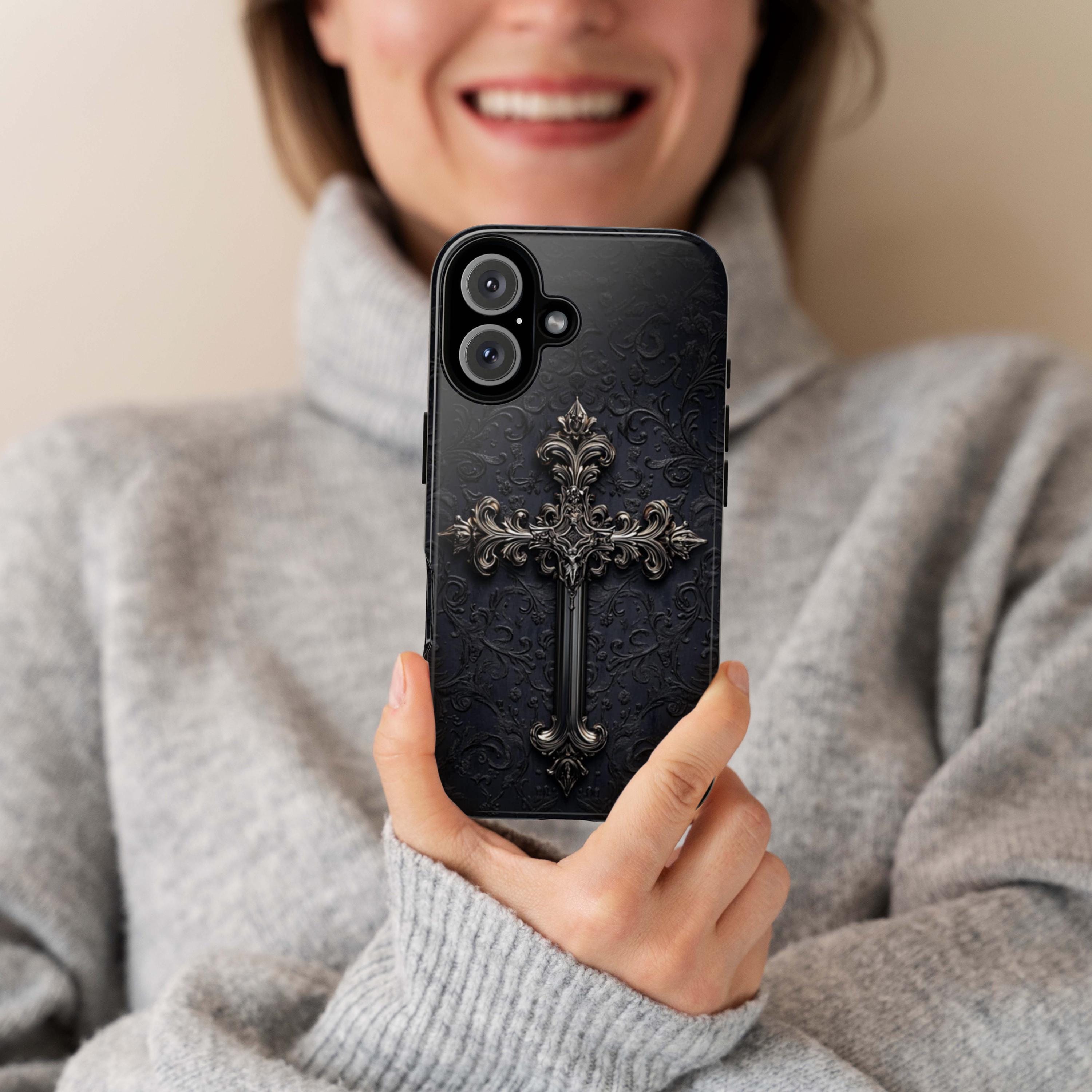Dark Gothic Christian Cross Phone Case, Dark Academia Aesthetic Cover, Chrome 3D Design for iPhone 16 15 14 13 Magsafe, Samsung S25, 472.3