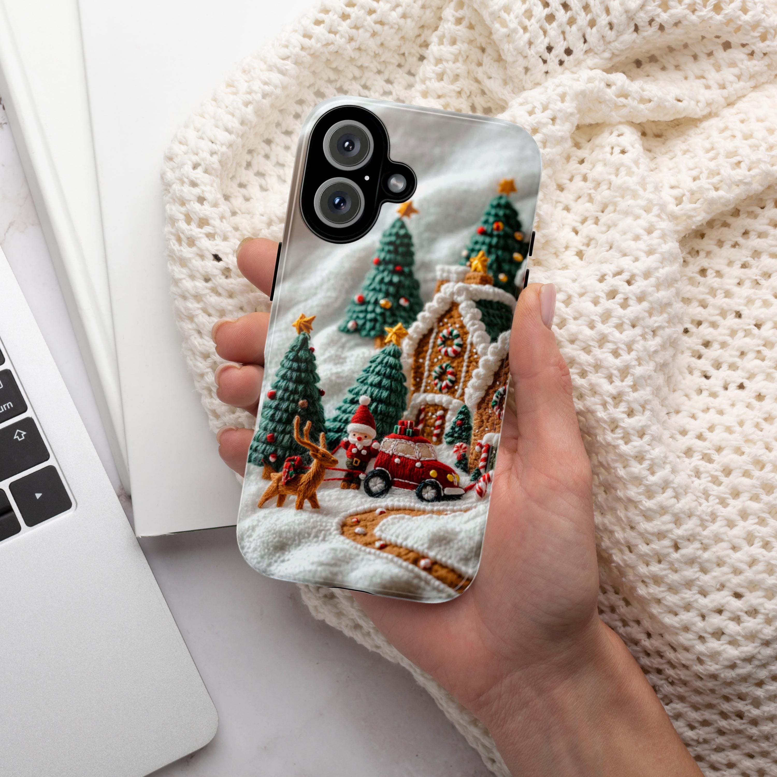 Winter Scene Embroidery MagSafe Phone Case, Cozy Winter Forest with Gingerbread House Phone 15 14 13 12 Pro Max Plus / Samsung S24, 444.11