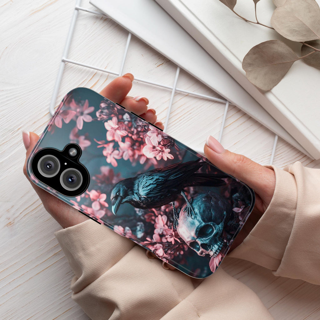 Dark Gothic Raven and Skull Phone Case, Pink Floral Design Phone Case for iPhone 16,15 Magsafe, Samsung Galaxy S25, Pixel 9, 422.11