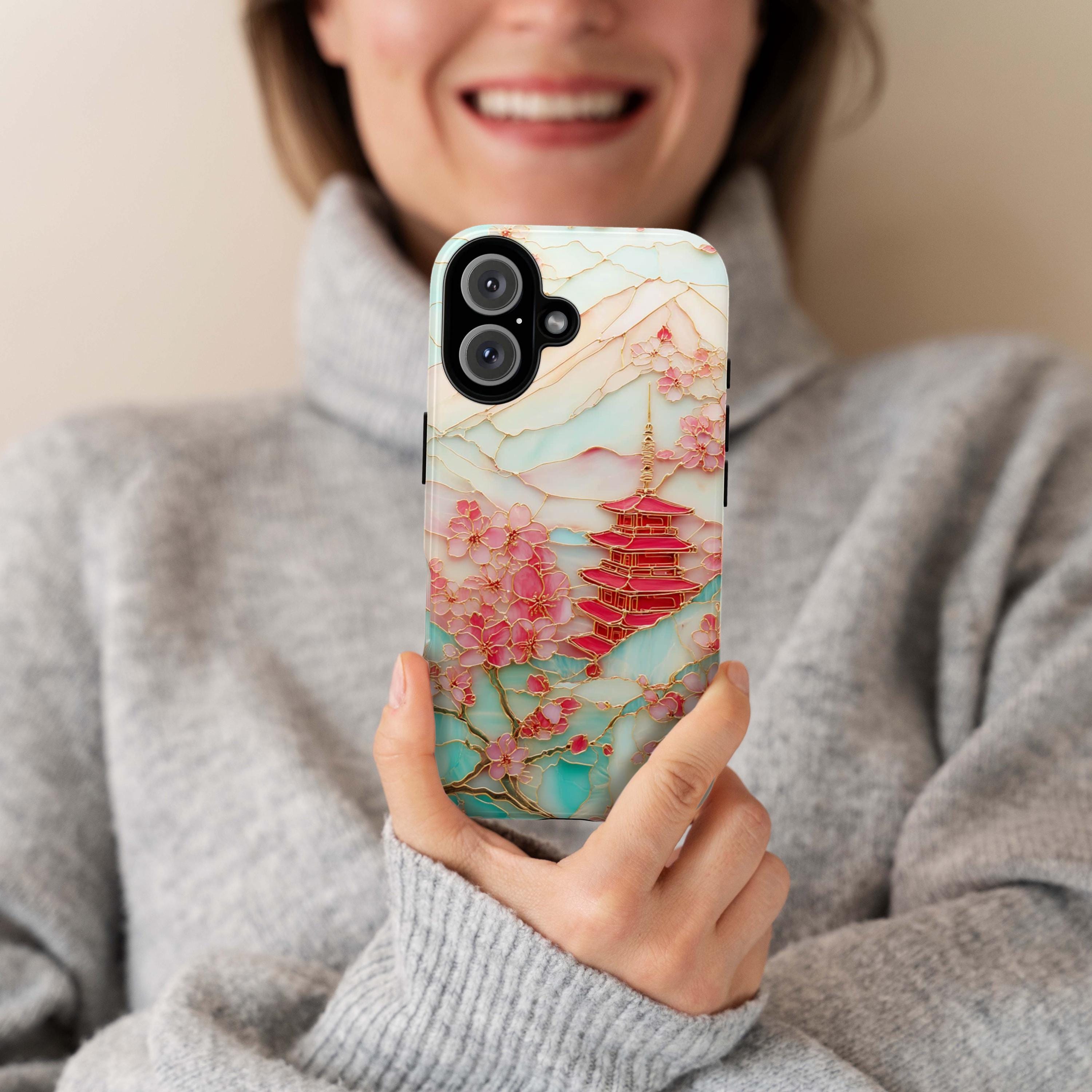 Cherry Blossom Phone Case, Mount Fuji & Pagoda Japanese Sakura Stained Glass Design for iPhone 16 15 Tough or Magsafe, Samsung S25, 469.11