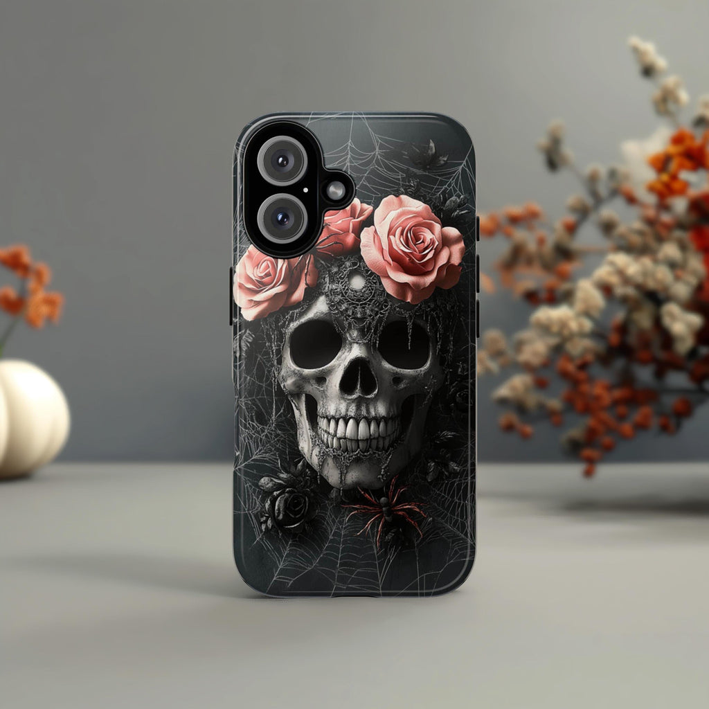 Dark Gothic Pink Roses & Skull Phone Case, Dark Fantasy Art Design, Spider Webs Phone Case for iPhone 16, Samsung S25, Pixel 9, 465.3