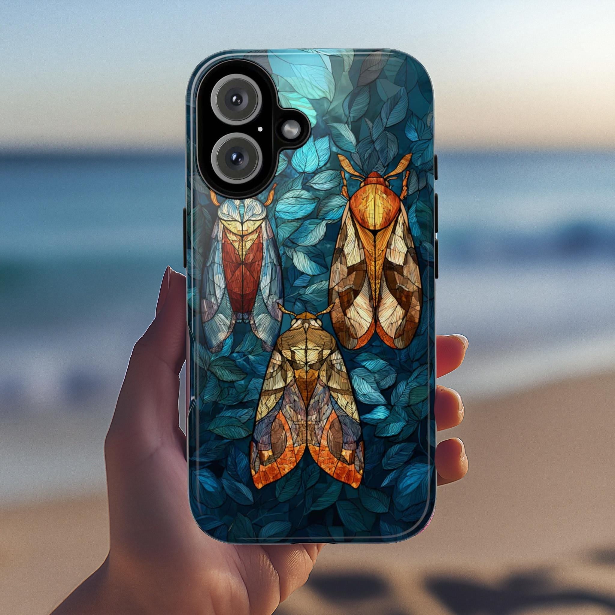 Mystical Night Insect Phone Case with Stained Glass Effect, Magical Bug Design, Artistic Protective Cover for iPhone & Samsung, 478.4