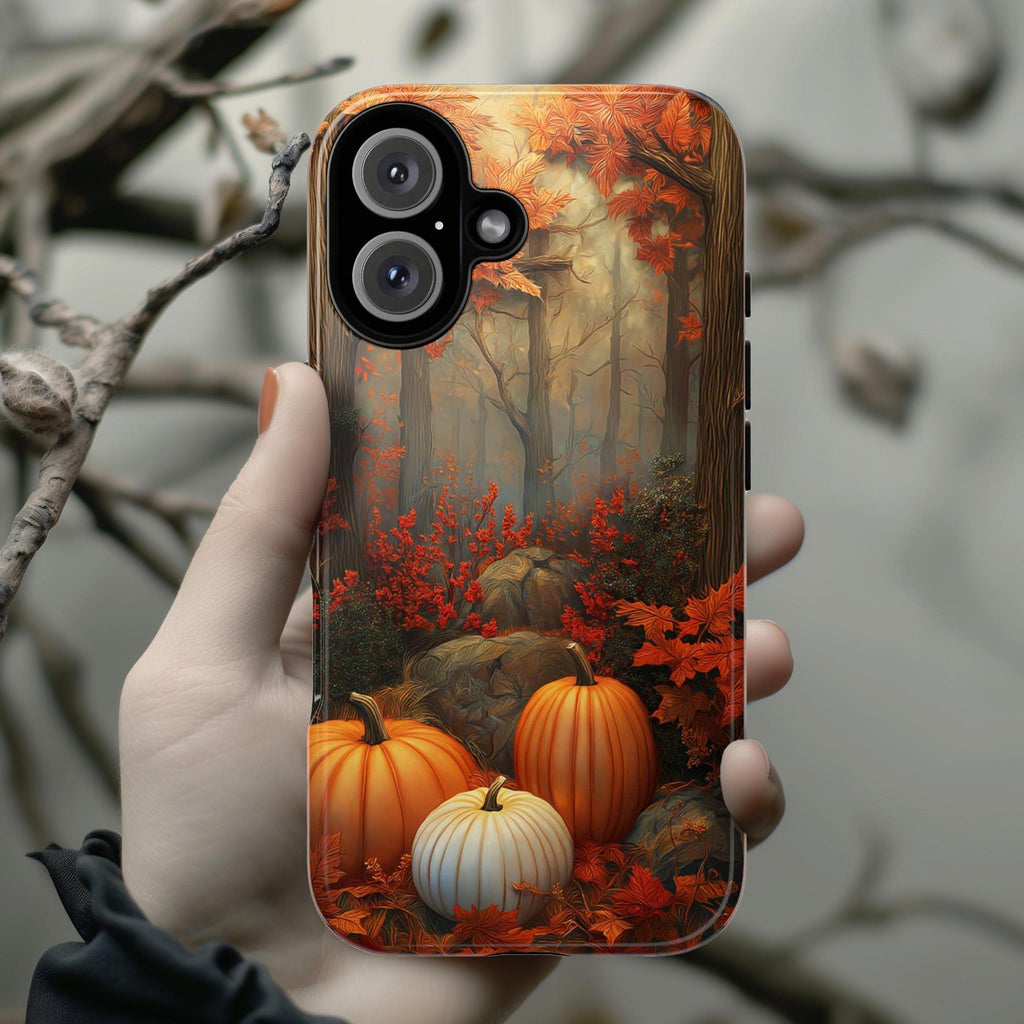 Autumn Pumpkin Forest Phone Case, Fall Natural Woodland Seasonal Fall Leaves Cover for iPhone 16 15 14 Tough or Magsafe, Samsung, 475.18