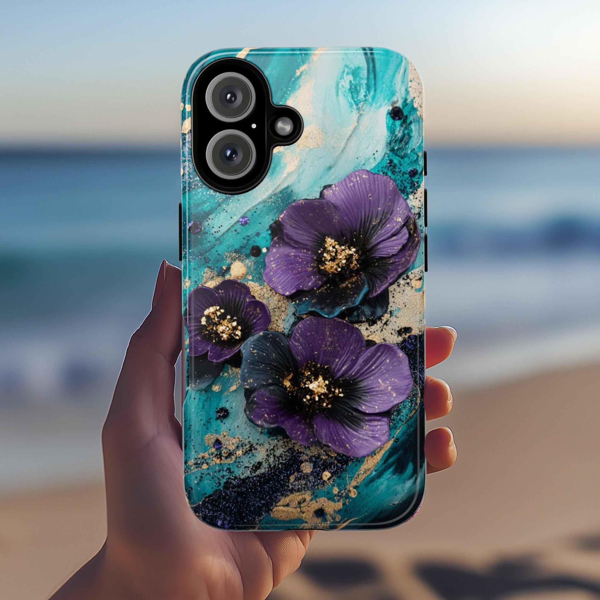 Purple 3D Floral Art Phone Case, Glitter Bloom 3D Design, Teal Floral Garden Case for iPhone 16 15 14 13 Pro Max Magsafe, Samsung S24, 436.2