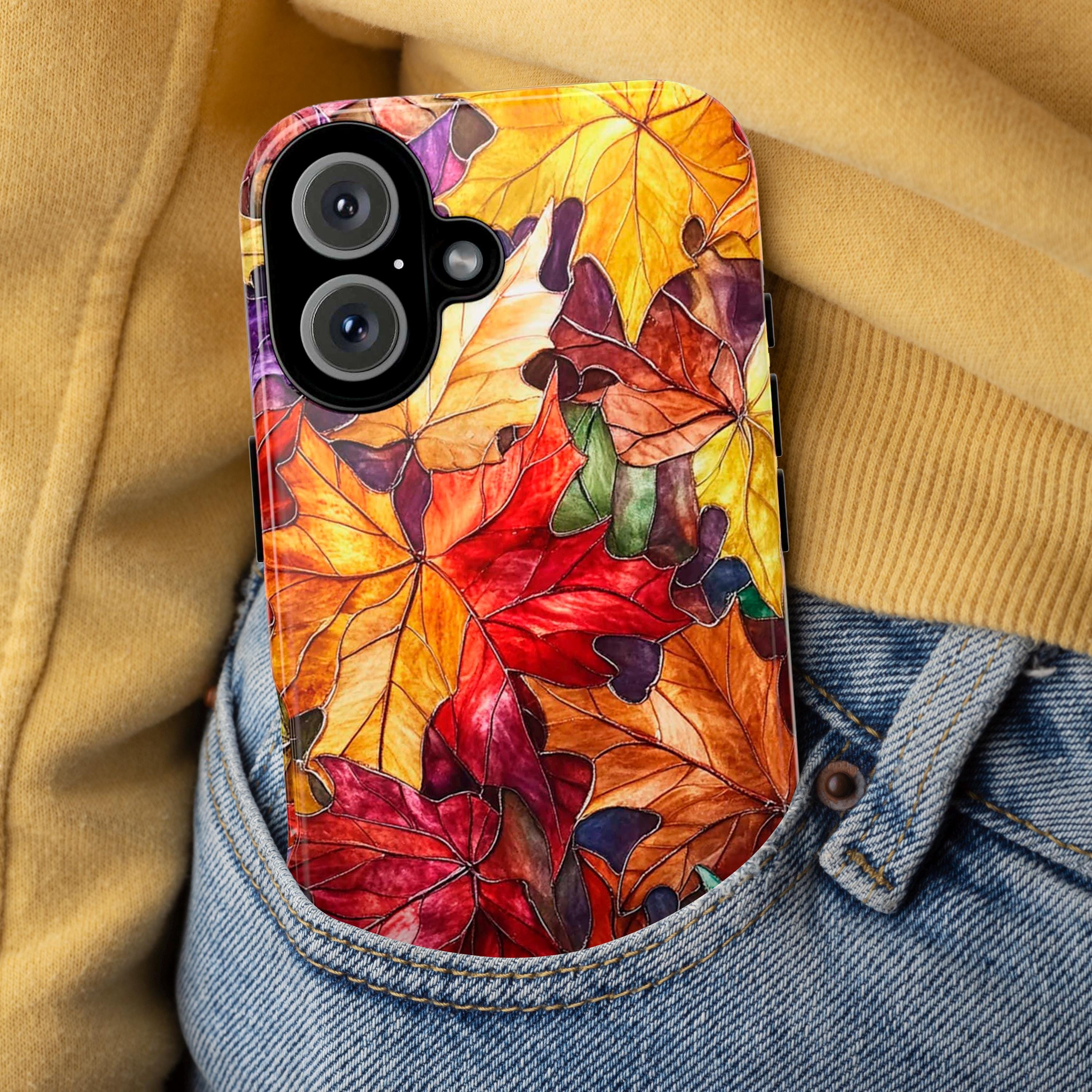 Colorful Fall Leaves Stained Glass Phone Case | Vibrant Autumn Design for iPhone 16 Pro Max 15 14 13 12 Plus Mag Safe, Samsung S25, 416.5