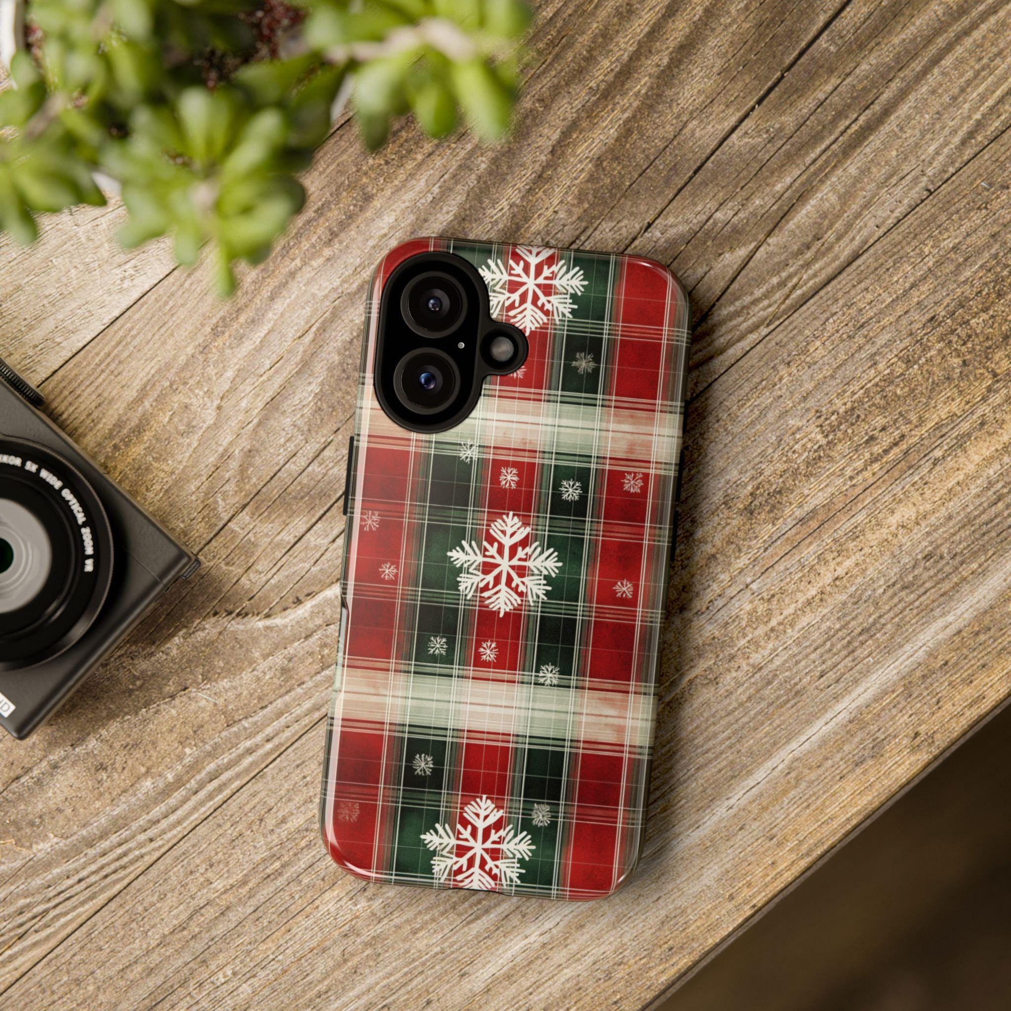 Cozy Christmas Plaid Phone Case, Festive Xmas Holiday Snowy Phone Cover for iPhone 15 14 13 Pro Max Plus, Magsafe, Galasy S25, 426.1