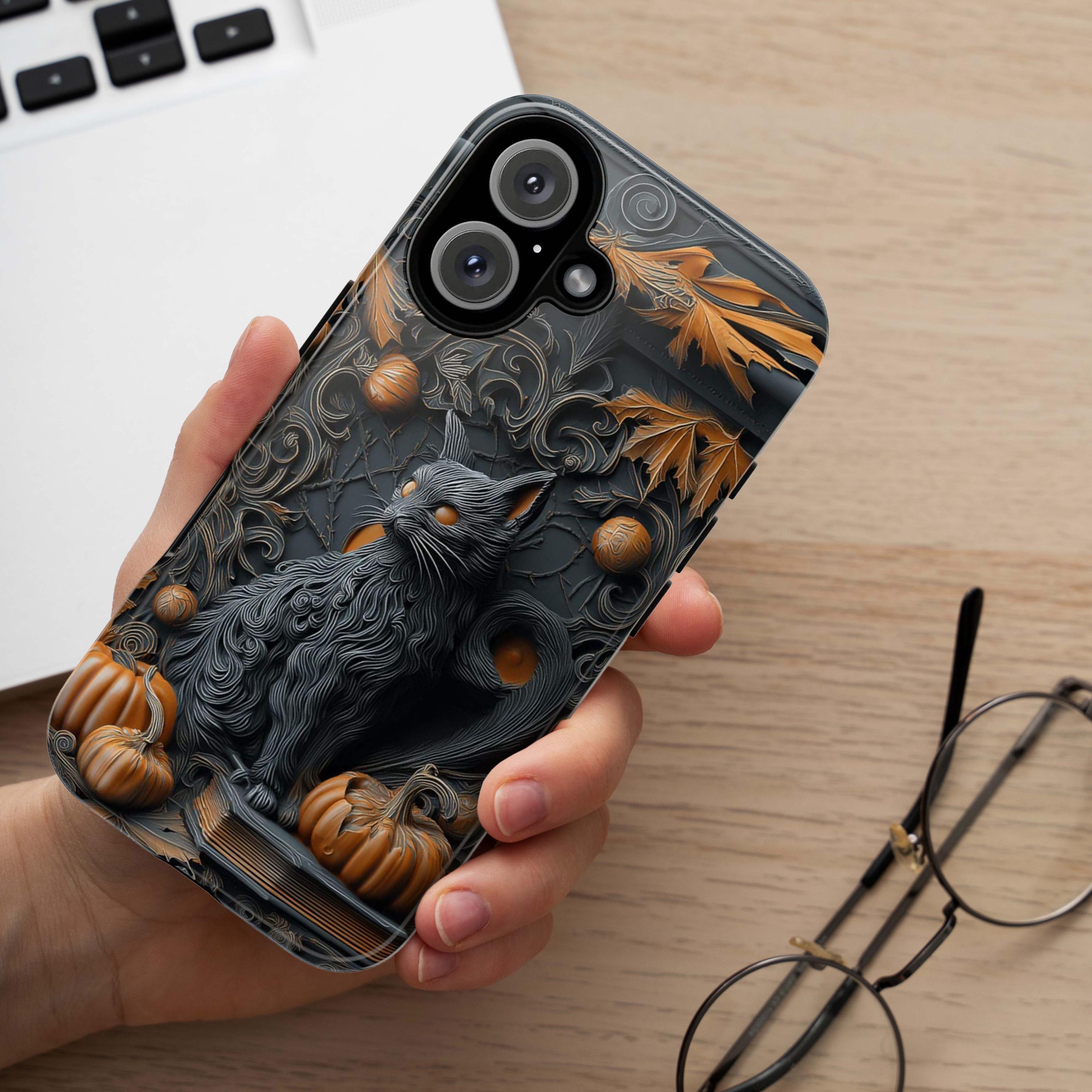 Black Cat & Pumpkin Phone Case, Halloween Fantasy Gothic Design, Spooky Artistic for iPhone 16 15 14 Tough or Magsafe, Samsung, 475.19