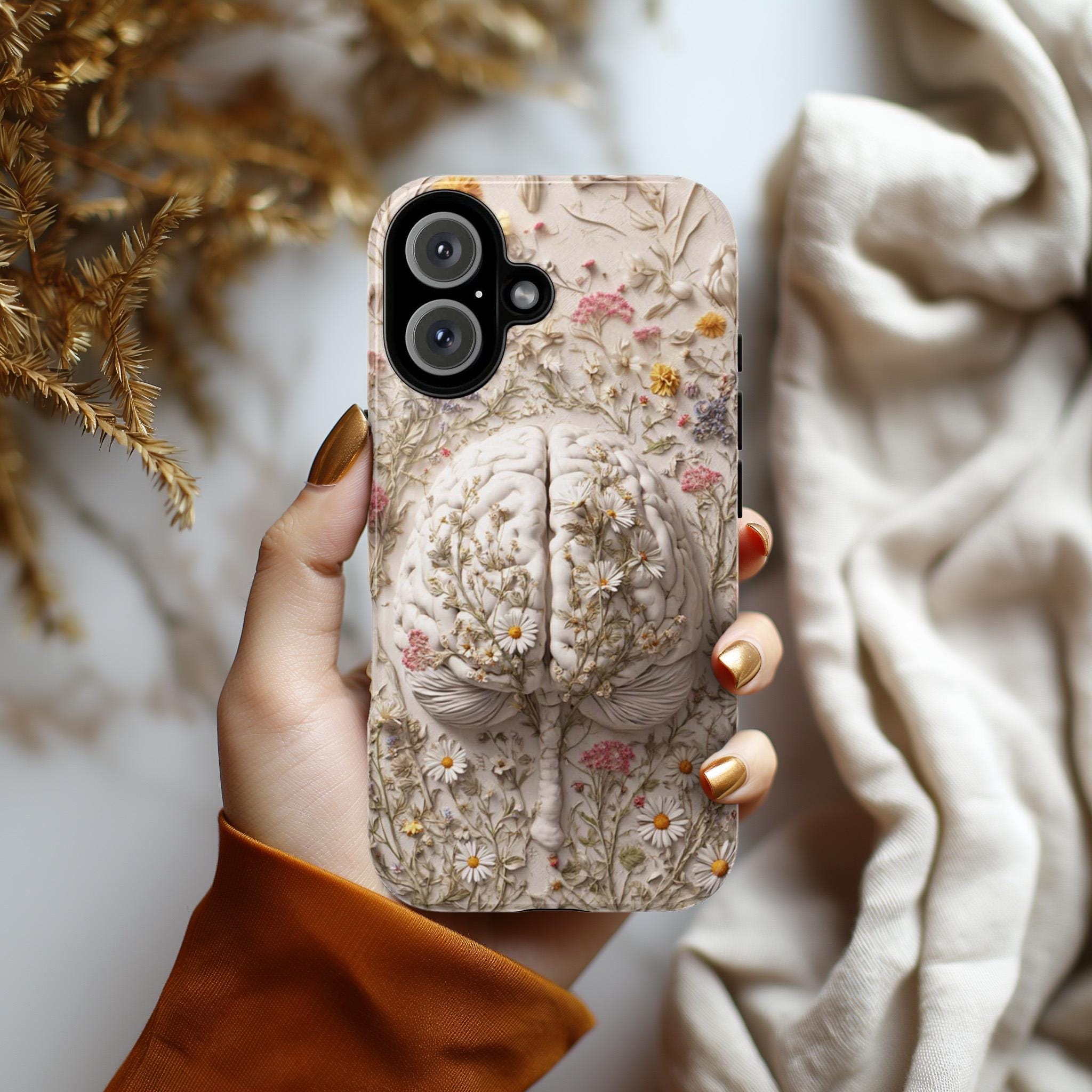 Anatomy Brain Floral Phone Case | Botanical Meadow Flowers Design | Artistica Medical Case for iPhone 17 16 Tough or Magsafe, Samsung, 430.2