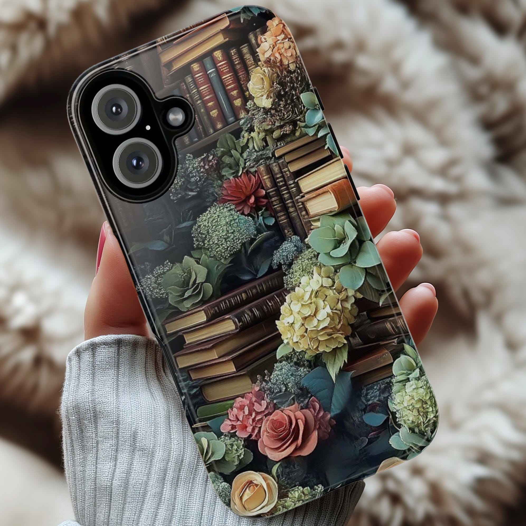 Floral & Library Books Phone Case, Botanical Plant Design Phone Case, Vintage Book Lover Cover for iPhone Tough or Magsafe, Samsung, 423.29