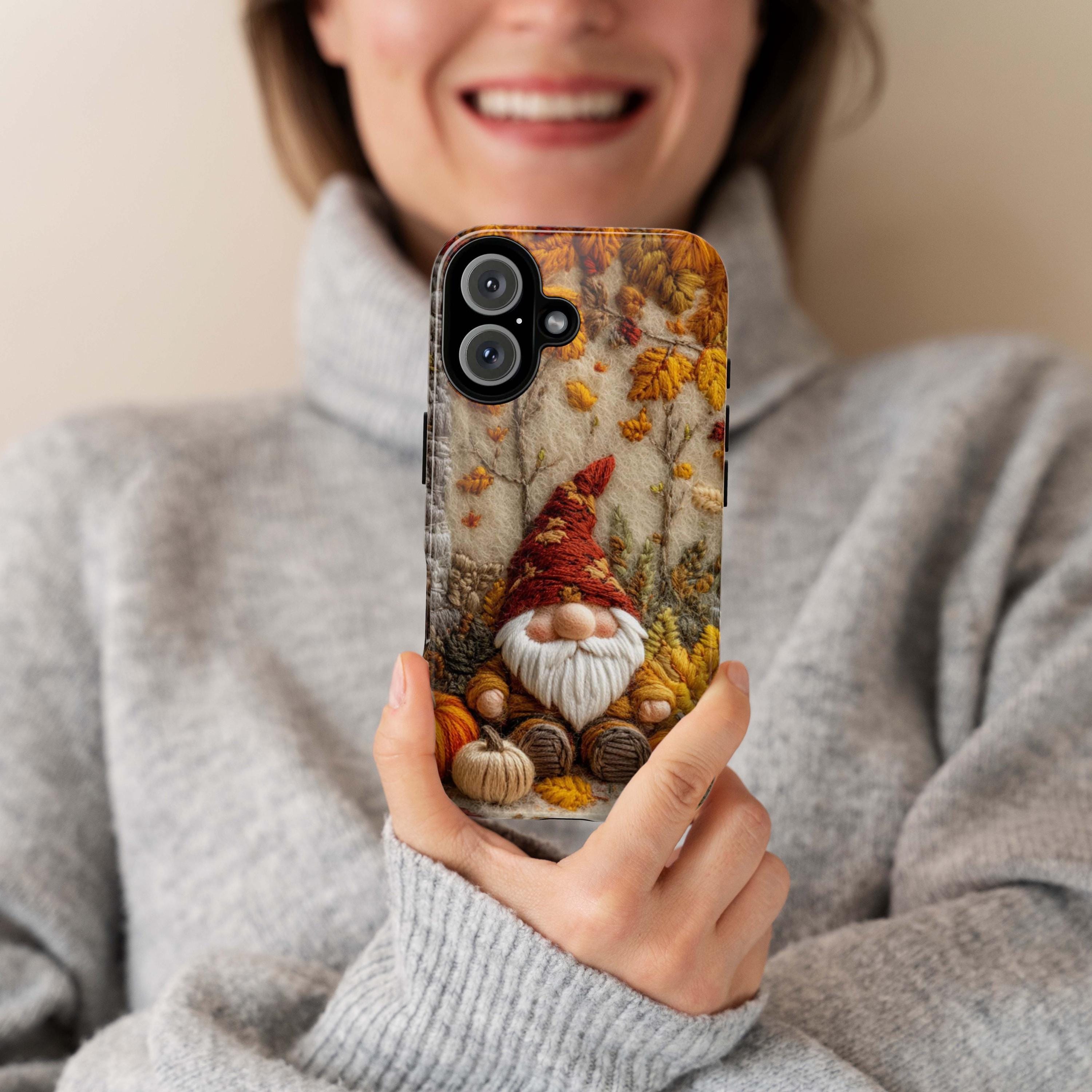 Fall Gnome Embroidery MagSafe Phone Case, Cozy Autumn Design with Fall Leaves and Pumpkins Case iPhone 16 15 14 13 12 / Samsung S24, 452.2