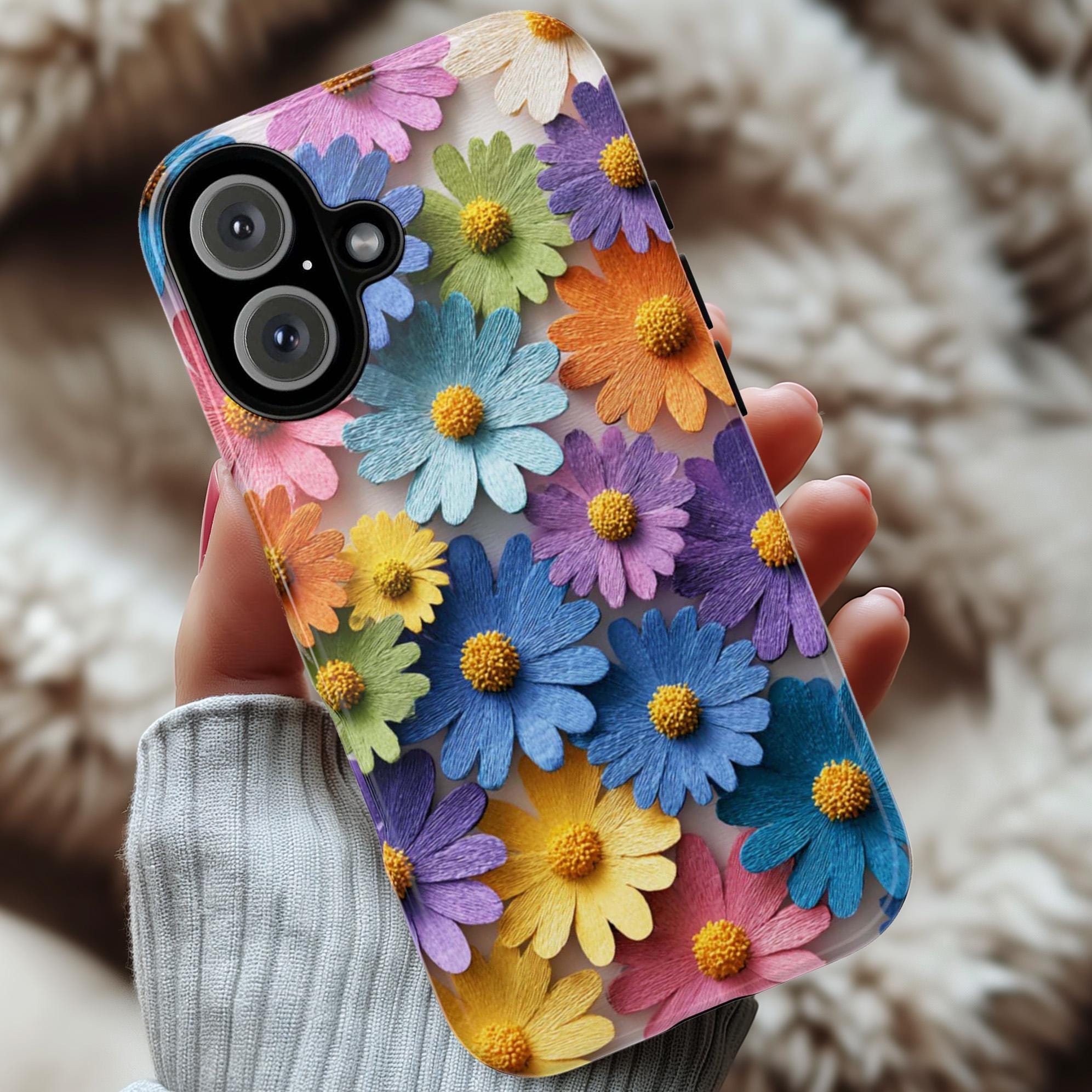 Colorful Daisy Floral 3D effect Phone Case, Paper Art Design Textured 3D Case, Artistic Cover for iPhone Tough or Magsafe, Samsung, 476.14