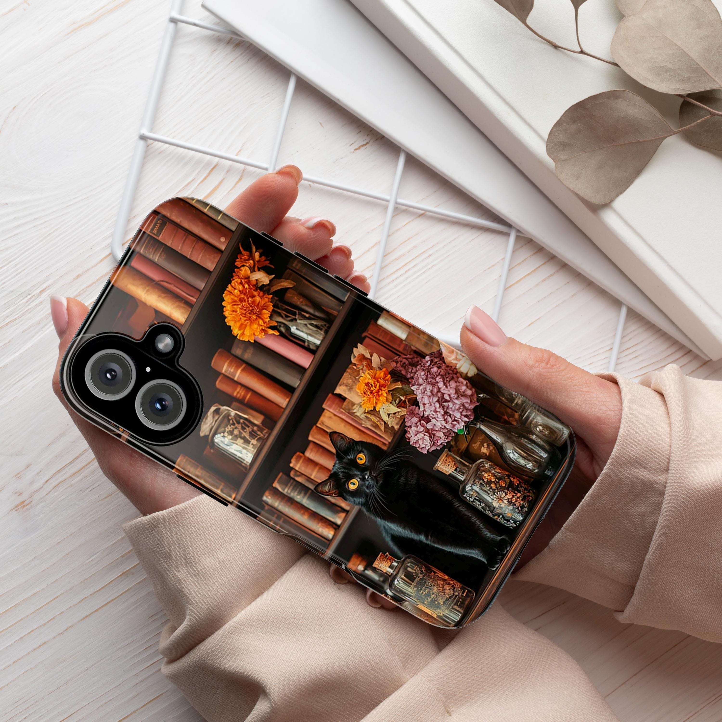 3D Black Cat with Autumn Bookshelf and Flowers Phone Case, Gothic Dark Academia, Mystical Cat and Floral Art for iPhone 16, Samsung, Pixel