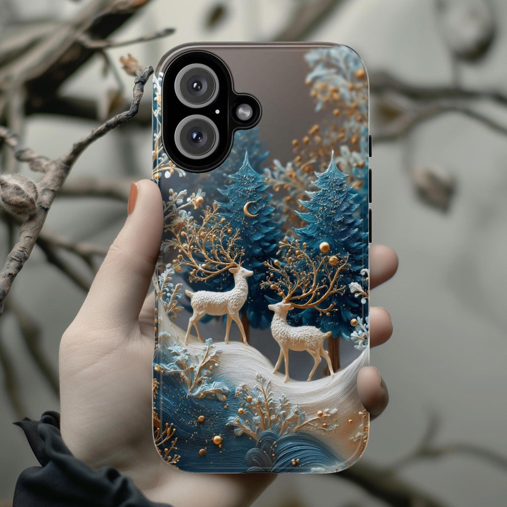 Winter Chistmas Forest Reindeer Phone Case | Snowy Holiday Woodland Cover for iPhone 16 15 14 Tough or Magsafe, Samsung, 481.1